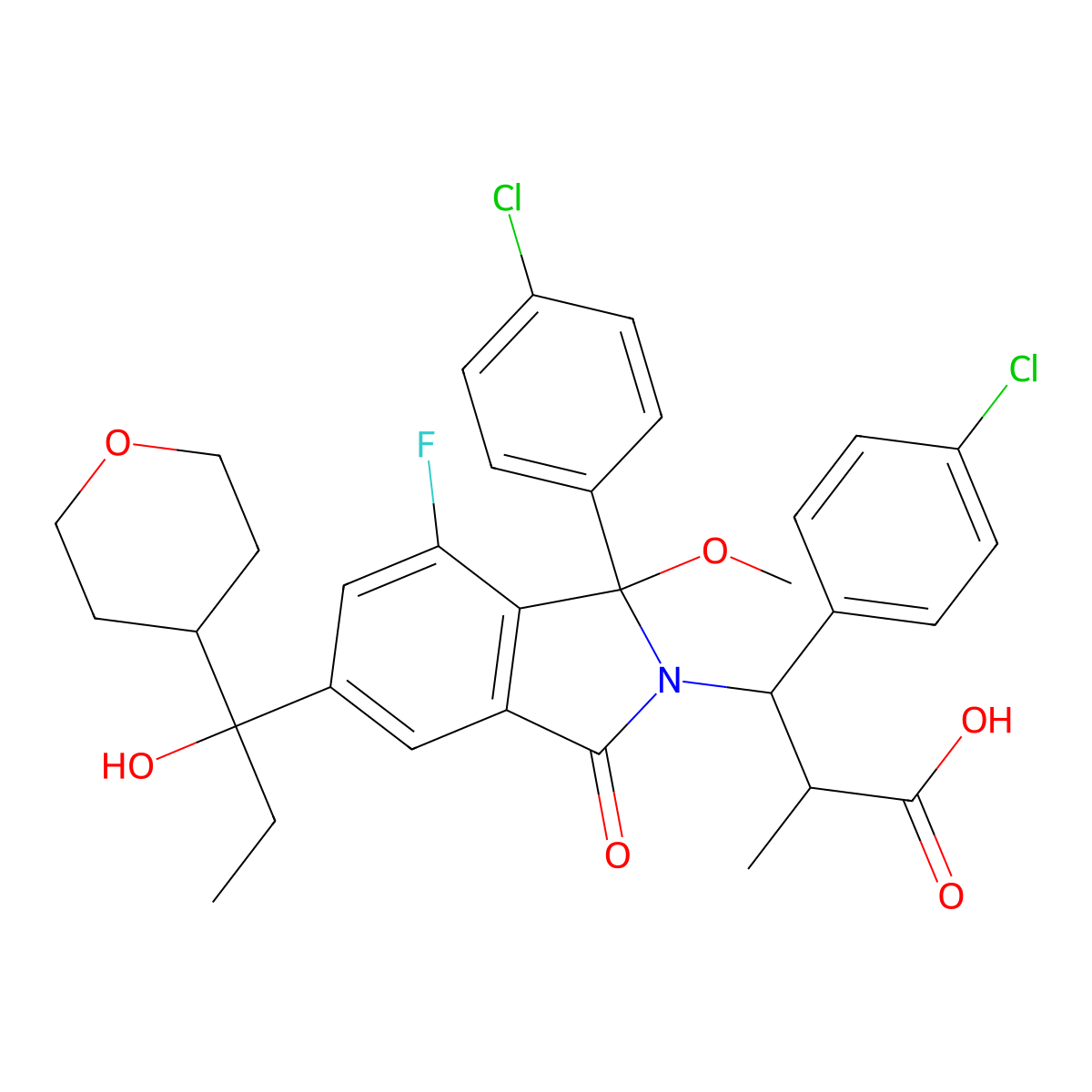 (2S,3S)-3-(4-chlorophenyl)-3-((R)-1-(4-chlorophenyl)-7-fluoro-5-((S)-1-hydroxy-1-(tetrahydro-2H-pyran-4-yl)propyl)-1-methoxy-3-oxoisoindolin-2-yl)-2-methylpropanoic acid molecular structure, CAS 2093449-12-6