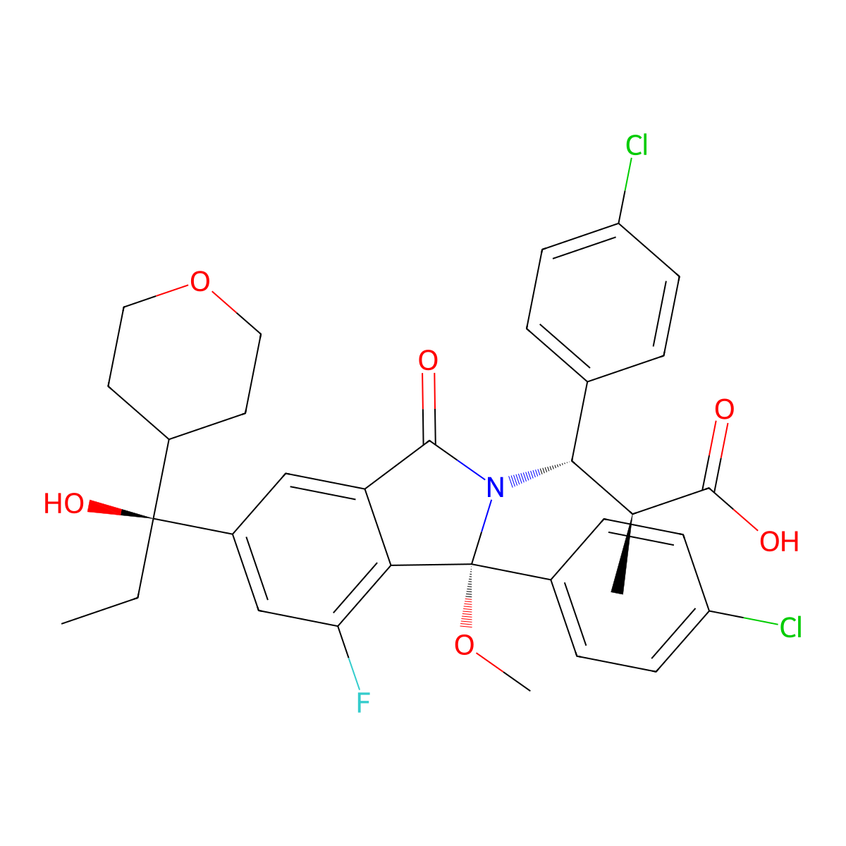 (2S,3S)-3-(4-chlorophenyl)-3-((R)-1-(4-chlorophenyl)-7-fluoro-5-((S)-1-hydroxy-1-(tetrahydro-2H-pyran-4-yl)propyl)-1-methoxy-3-oxoisoindolin-2-yl)-2-methylpropanoic acid molecular structure, CAS 2093449-12-6
