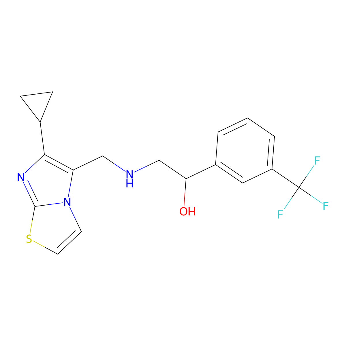 2-[({6-Cyclopropylimidazo[2,1-b][1,3]thiazol-5-yl}methyl)amino]-1-[3-(trifluoromethyl)phenyl]ethan-1-ol molecular structure, CAS 2093705-20-3