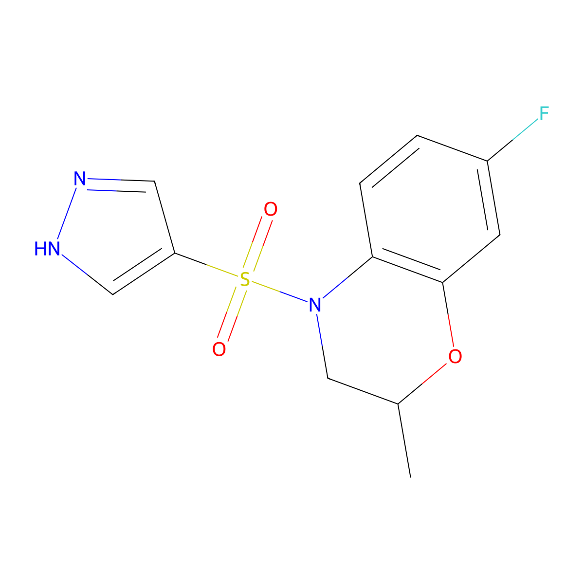 7-fluoro-2-methyl-4-(1H-pyrazol-4-ylsulfonyl)-2,3-dihydro-1,4-benzoxazine molecular structure, CAS 2093774-29-7