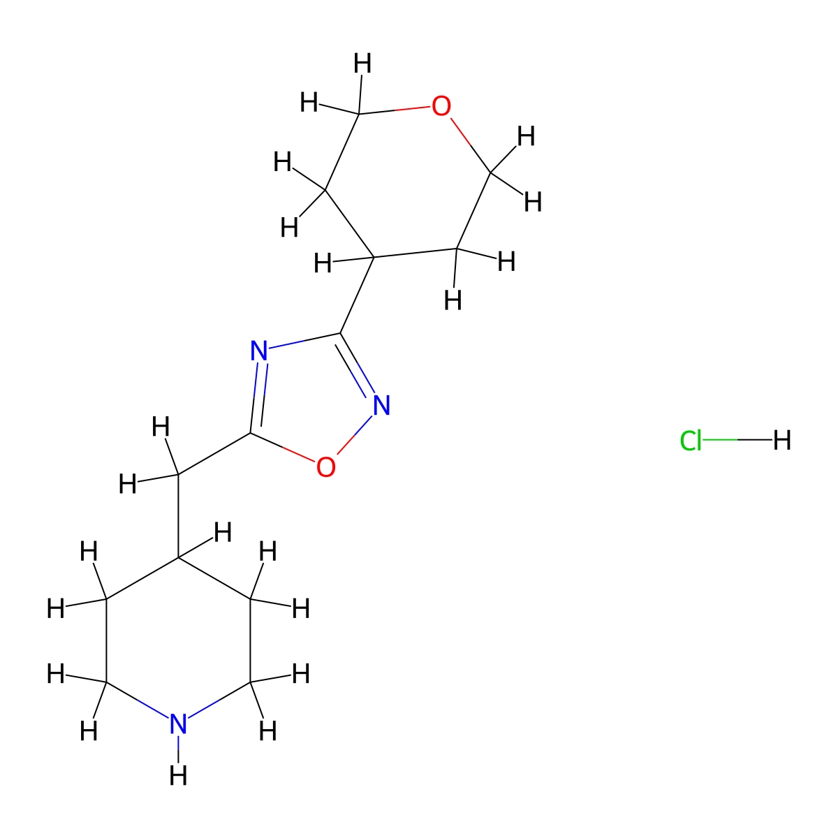 4-((3-(Oxan-4-yl)-1,2,4-oxadiazol-5-yl)methyl)piperidine hydrochloride molecular structure, CAS 2094228-64-3