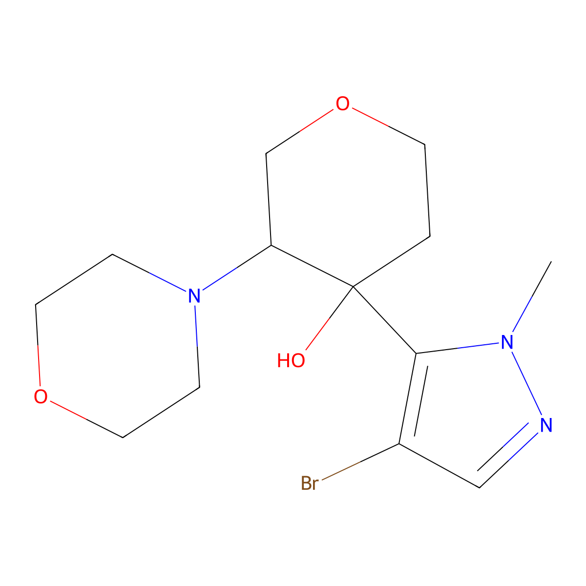 rac-(3R,4R)-4-(4-bromo-1-methyl-1H-pyrazol-5-yl)-3-(morpholin-4-yl)oxan-4-ol molecular structure, CAS 2094716-89-7