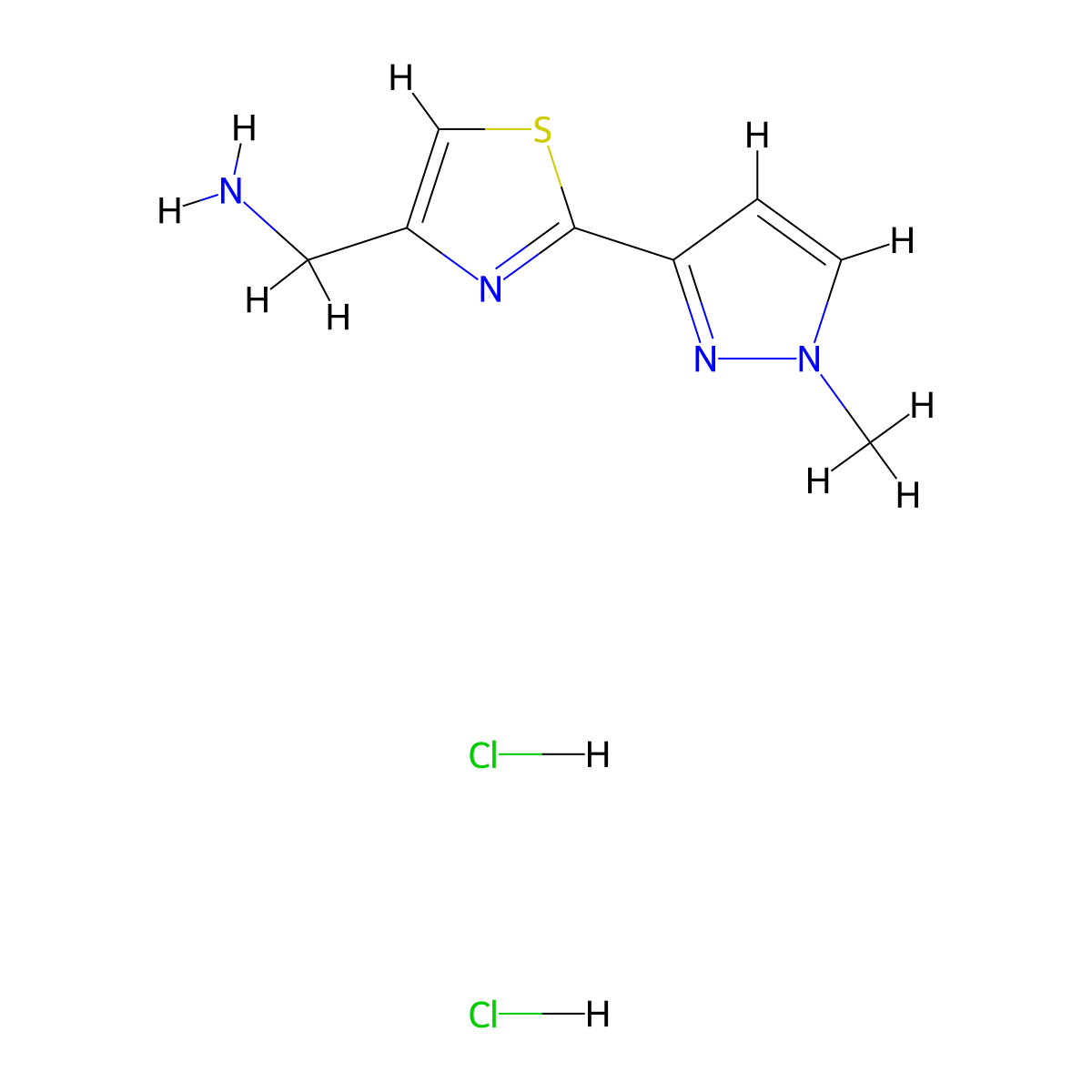[2-(1-methyl-1H-pyrazol-3-yl)-1,3-thiazol-4-yl]methanamine dihydrochloride molecular structure, CAS 2094861-69-3