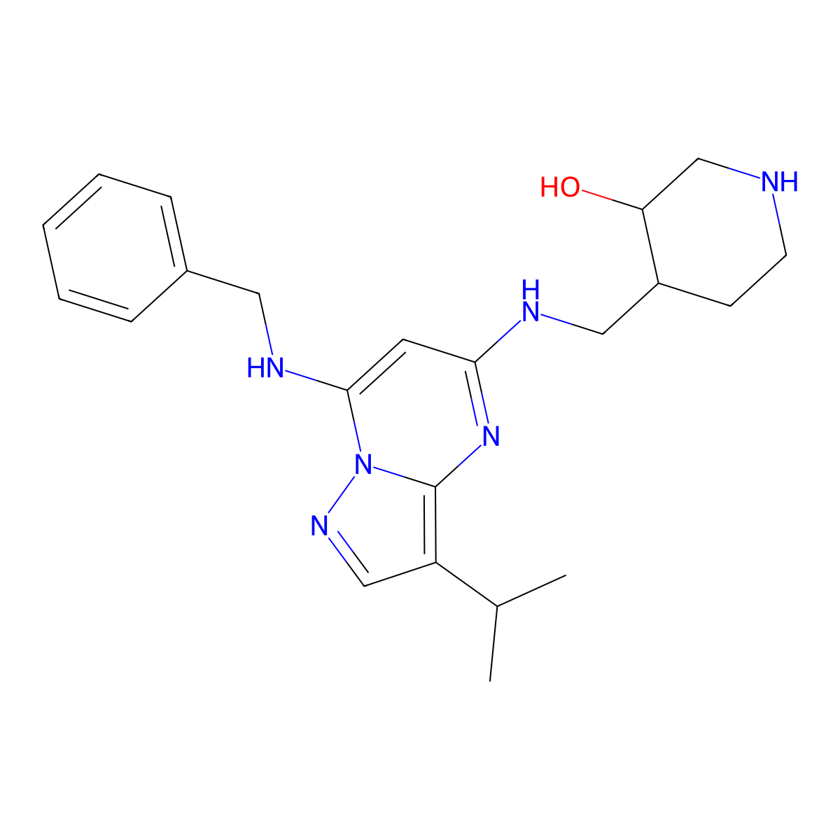 (3S,4S)-4-(((7-(Benzylamino)-3-isopropylpyrazolo[1,5-a]pyrimidin-5-yl)amino)methyl)piperidin-3-ol molecular structure, CAS 2095130-18-8