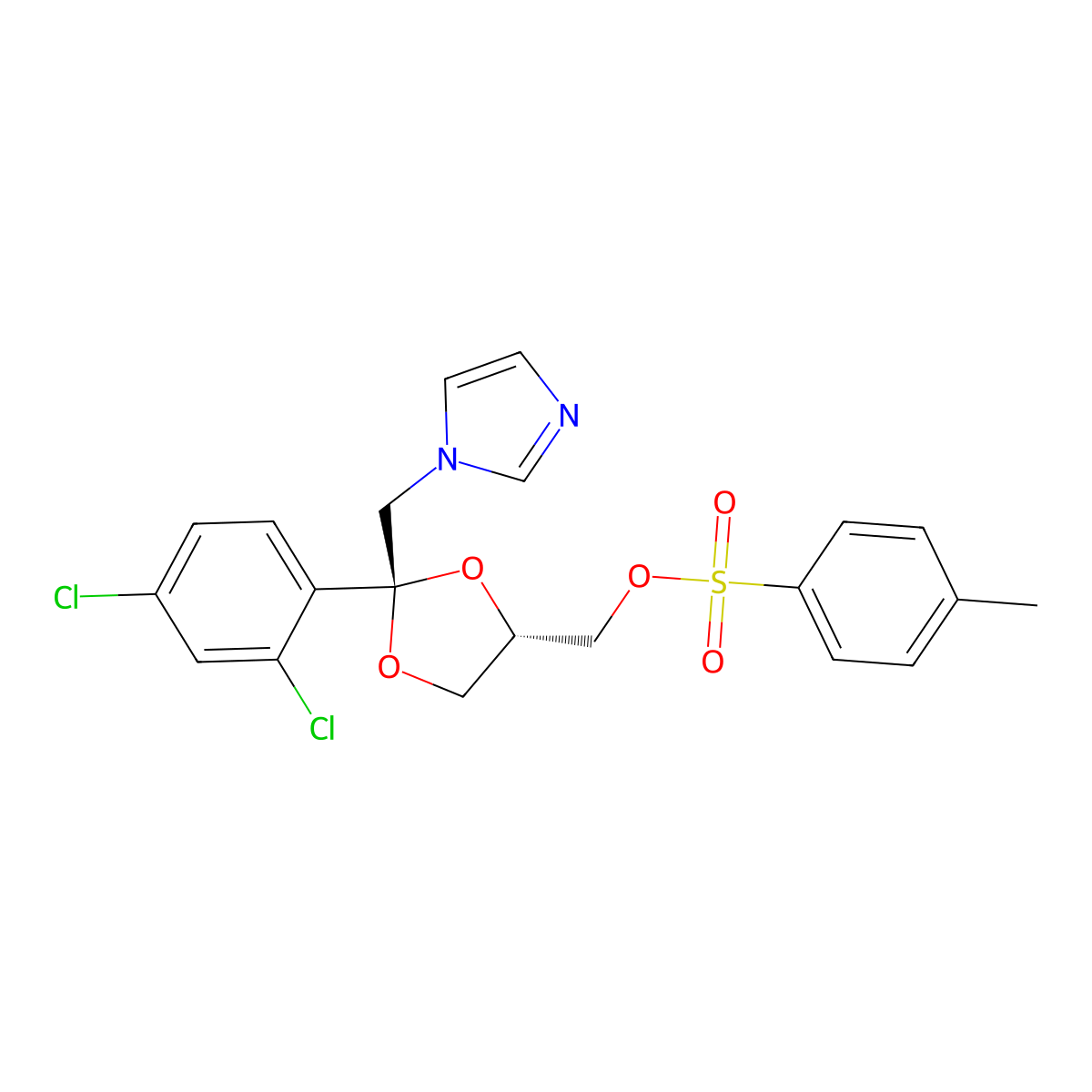 ((2R,4S)-2-((1H-Imidazol-1-YL)methyl)-2-(2,4-dichlorophenyl)-1,3-dioxolan-4-YL)methyl 4-methylbenzenesulfonate (ketoconazole impurity) molecular structure, CAS 2095256-87-2