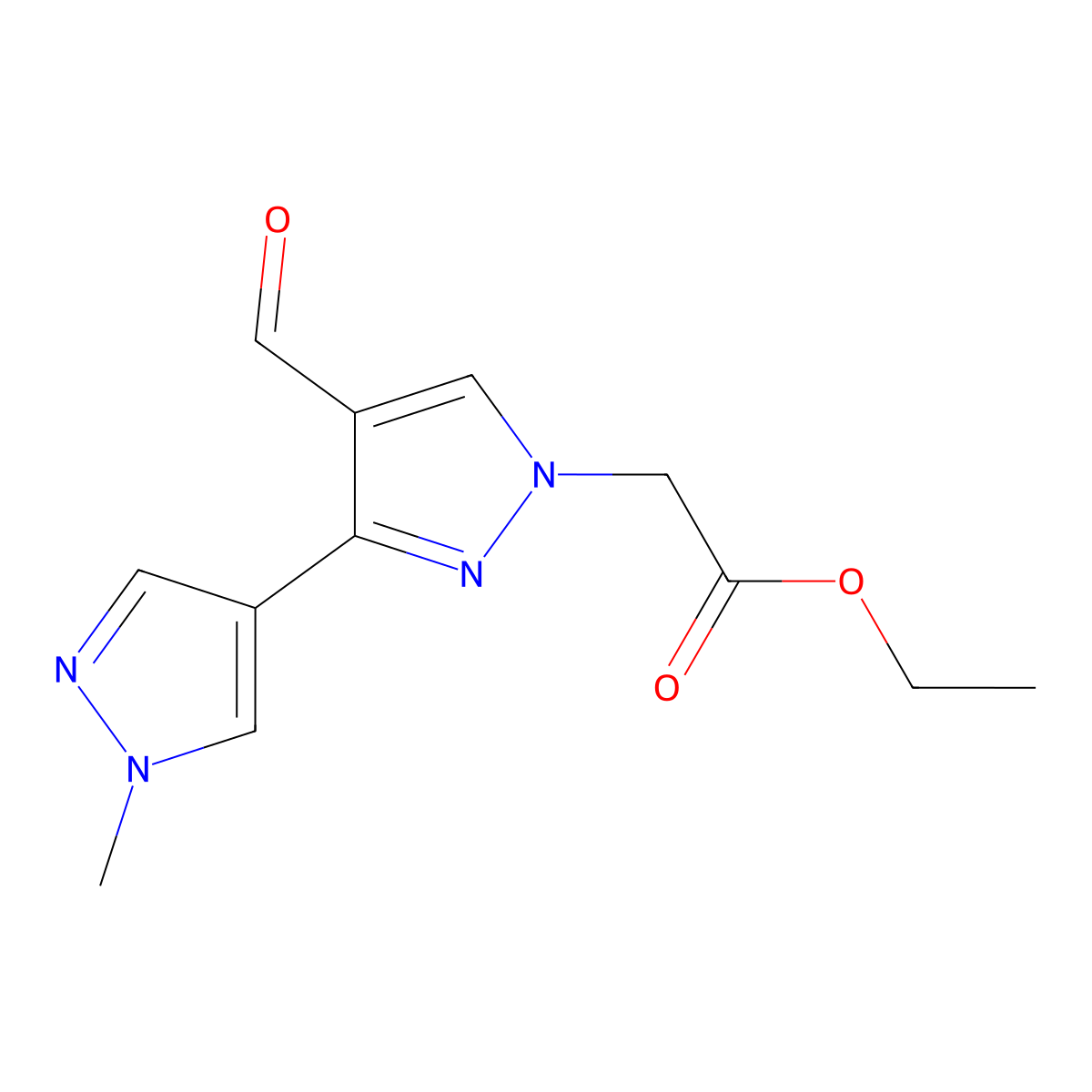 ethyl 2-[4-formyl-3-(1-methyl-1H-pyrazol-4-yl)-1H-pyrazol-1-yl]acetate molecular structure, CAS 2095410-36-7