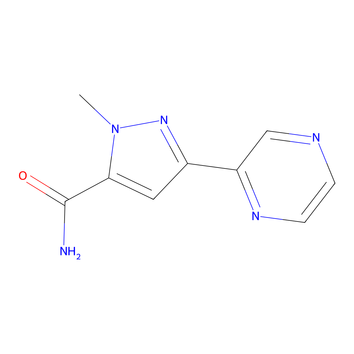 1-methyl-3-(pyrazin-2-yl)-1H-pyrazole-5-carboxamide molecular structure, CAS 2095410-85-6