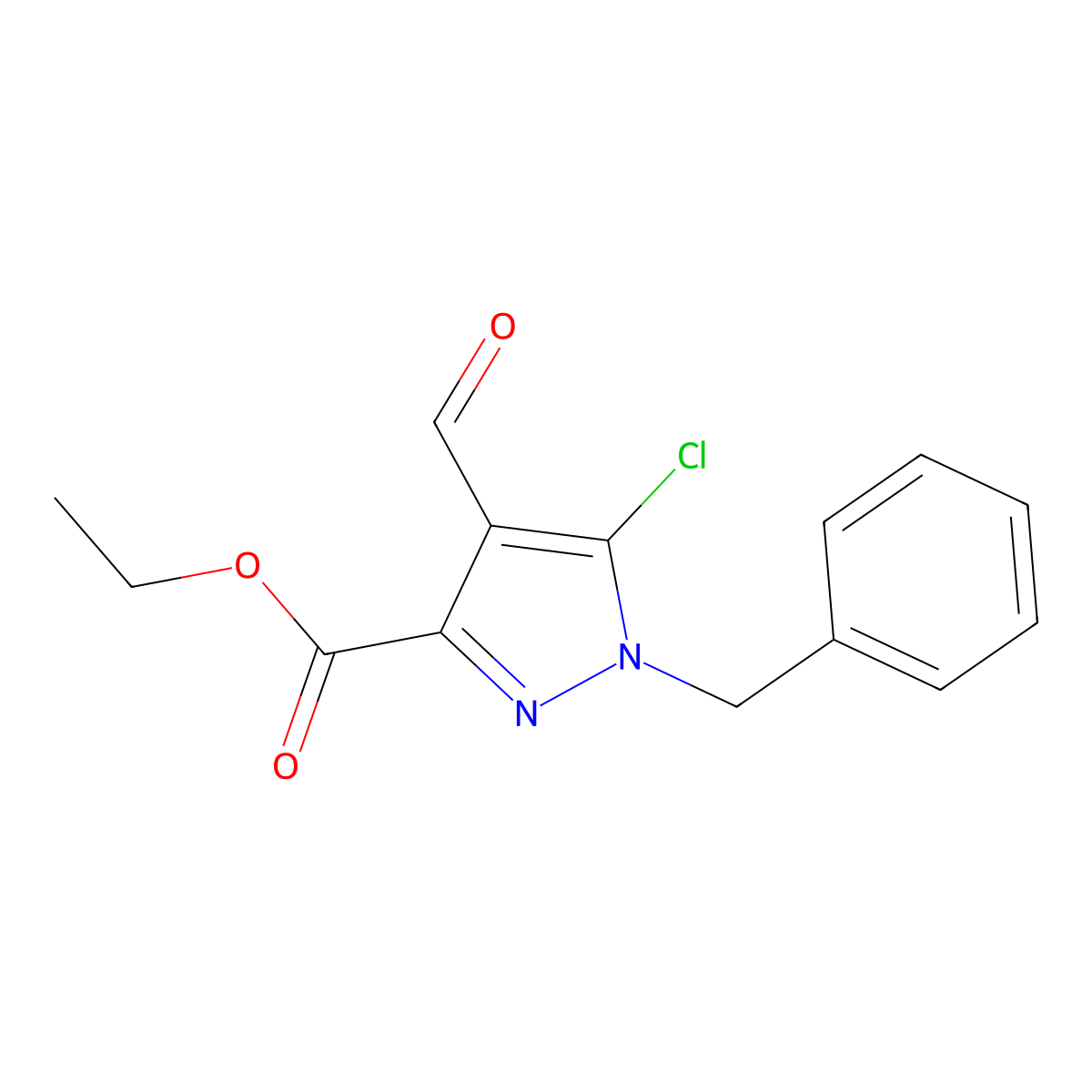 Ethyl 1-benzyl-5-chloro-4-formyl-pyrazole-3-carboxylate molecular structure, CAS 2095516-87-1