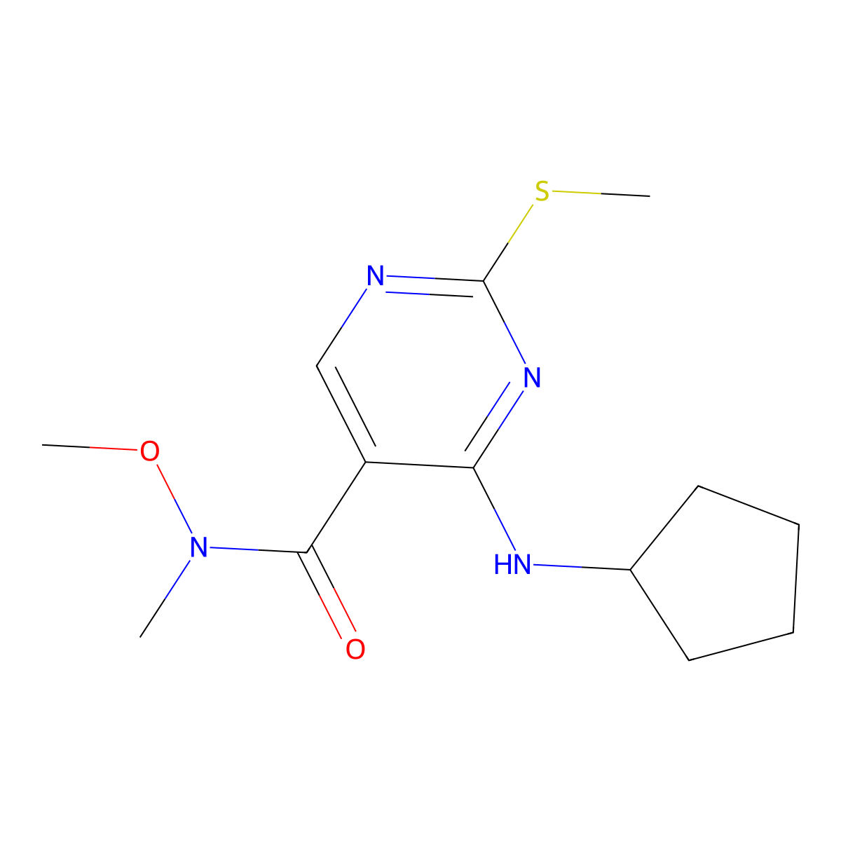 4-(Cyclopentylamino)-N-methoxy-N-methyl-2-(methylsulfanyl)pyrimidine-5-carboxamide molecular structure, CAS 2095600-99-8