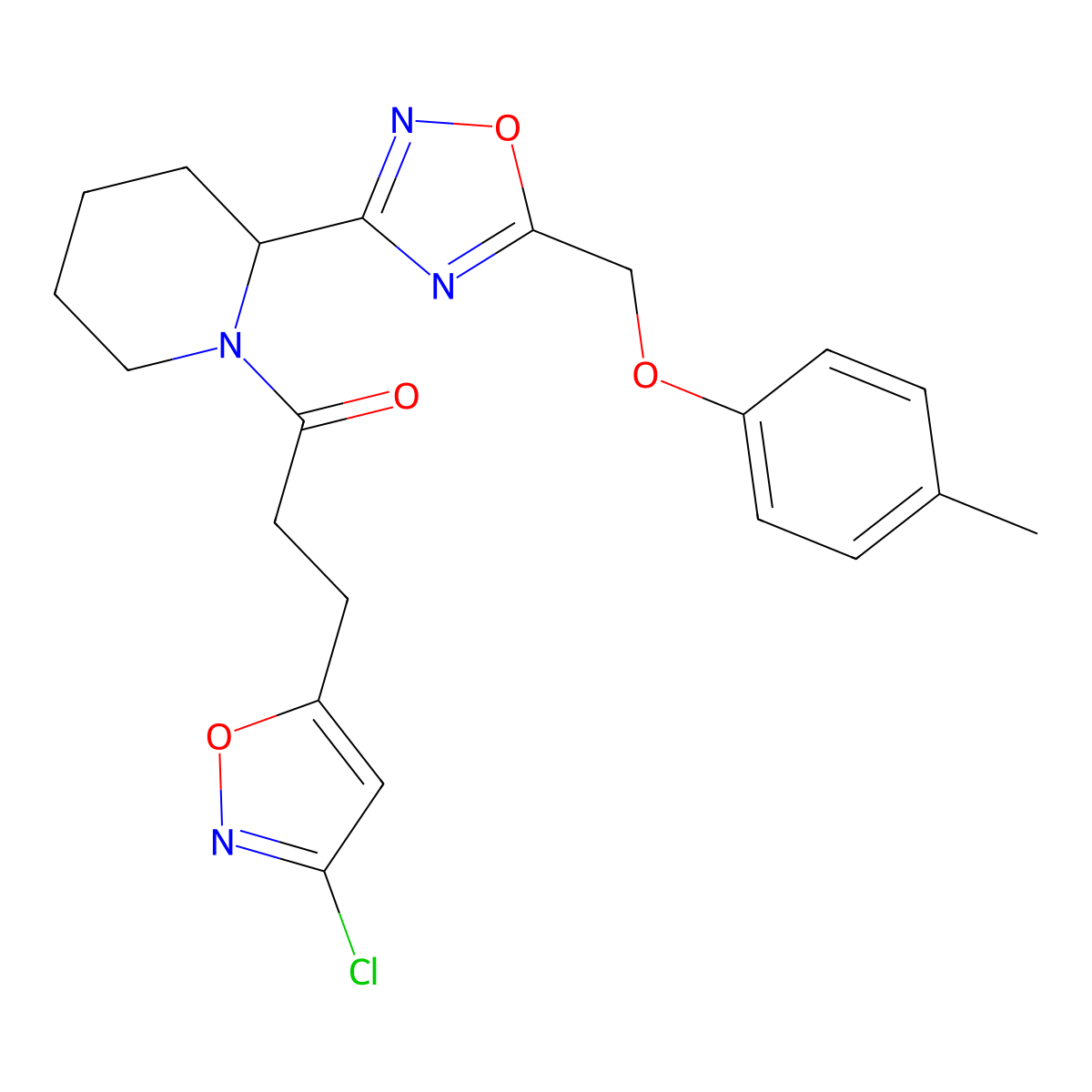 3-(3-Chloro-5-isoxazolyl)-1-(2-{5-[(4-methylphenoxy)methyl]-1,2,4-oxadiazol-3-yl}piperidino)-1-propanone molecular structure, CAS 2096170-08-8