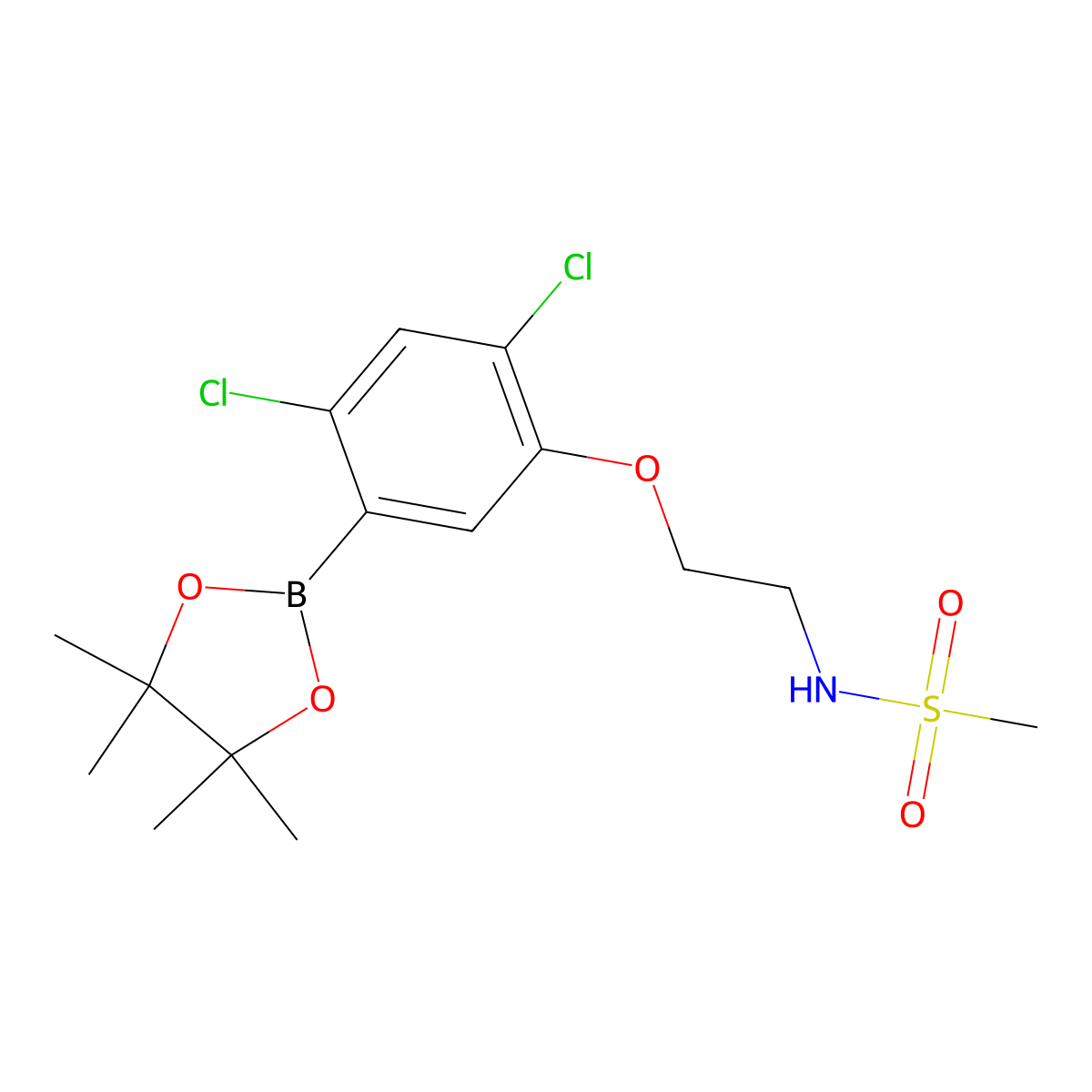 2,4-Dichloro-5-(2-(methanesulfonylamino)ethoxy)phenylboronic acid, pinacol ester molecular structure, CAS 2096338-42-8