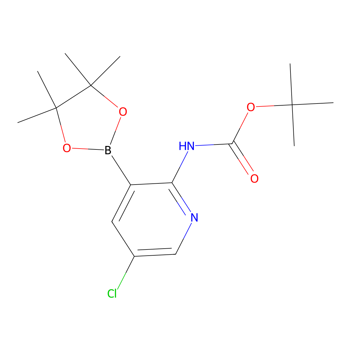 tert-Butyl (5-chloro-3-(4,4,5,5-tetramethyl-1,3,2-dioxaborolan-2-yl)pyridin-2-yl)carbamate molecular structure, CAS 2096339-28-3