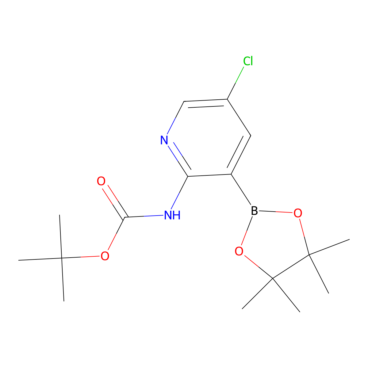 tert-Butyl (5-chloro-3-(4,4,5,5-tetramethyl-1,3,2-dioxaborolan-2-yl)pyridin-2-yl)carbamate molecular structure, CAS 2096339-28-3