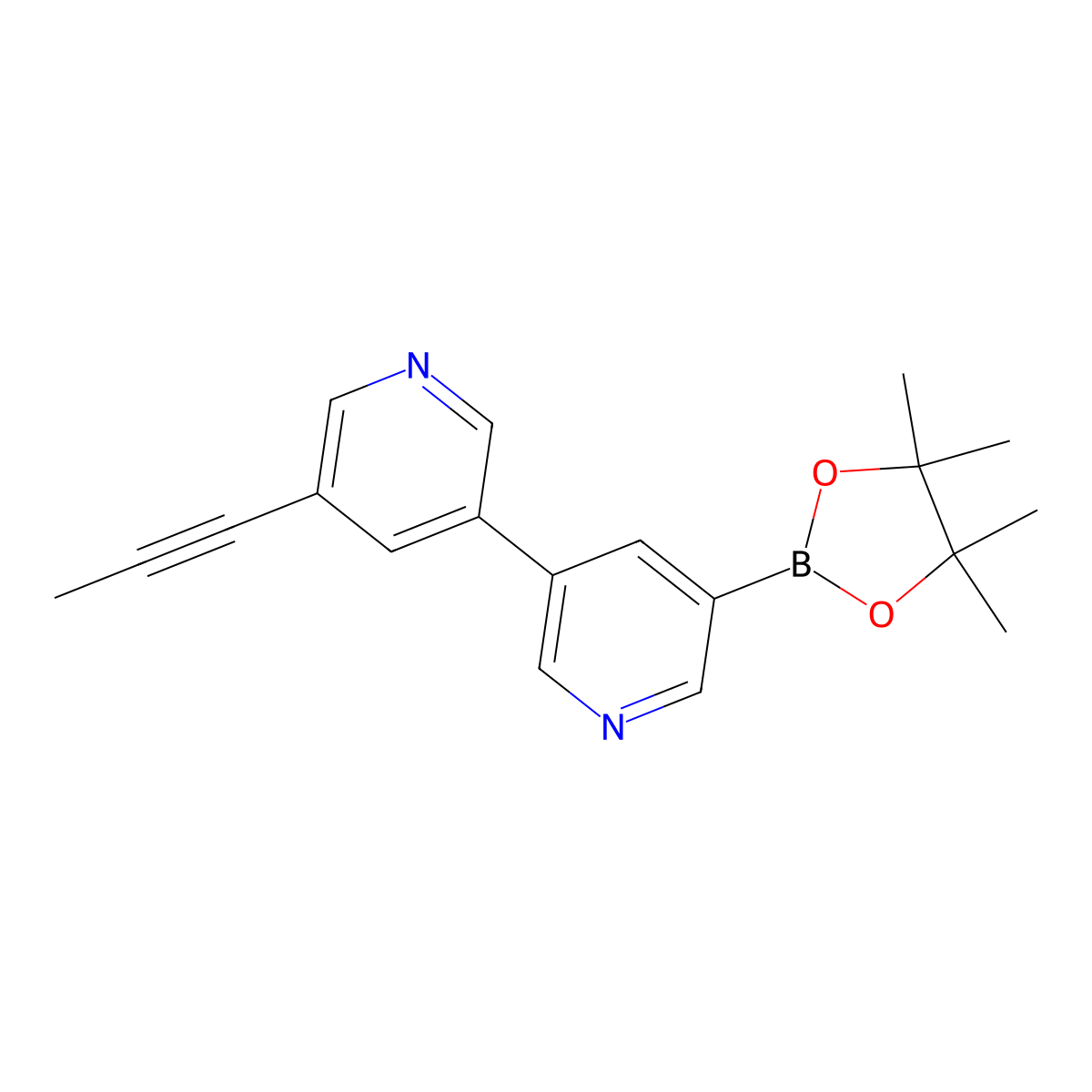 (5'-(Prop-1-yn-1-yl)-[3,3'-bipyridin]-5-yl)boronic acid pinacol ester molecular structure, CAS 2096341-32-9