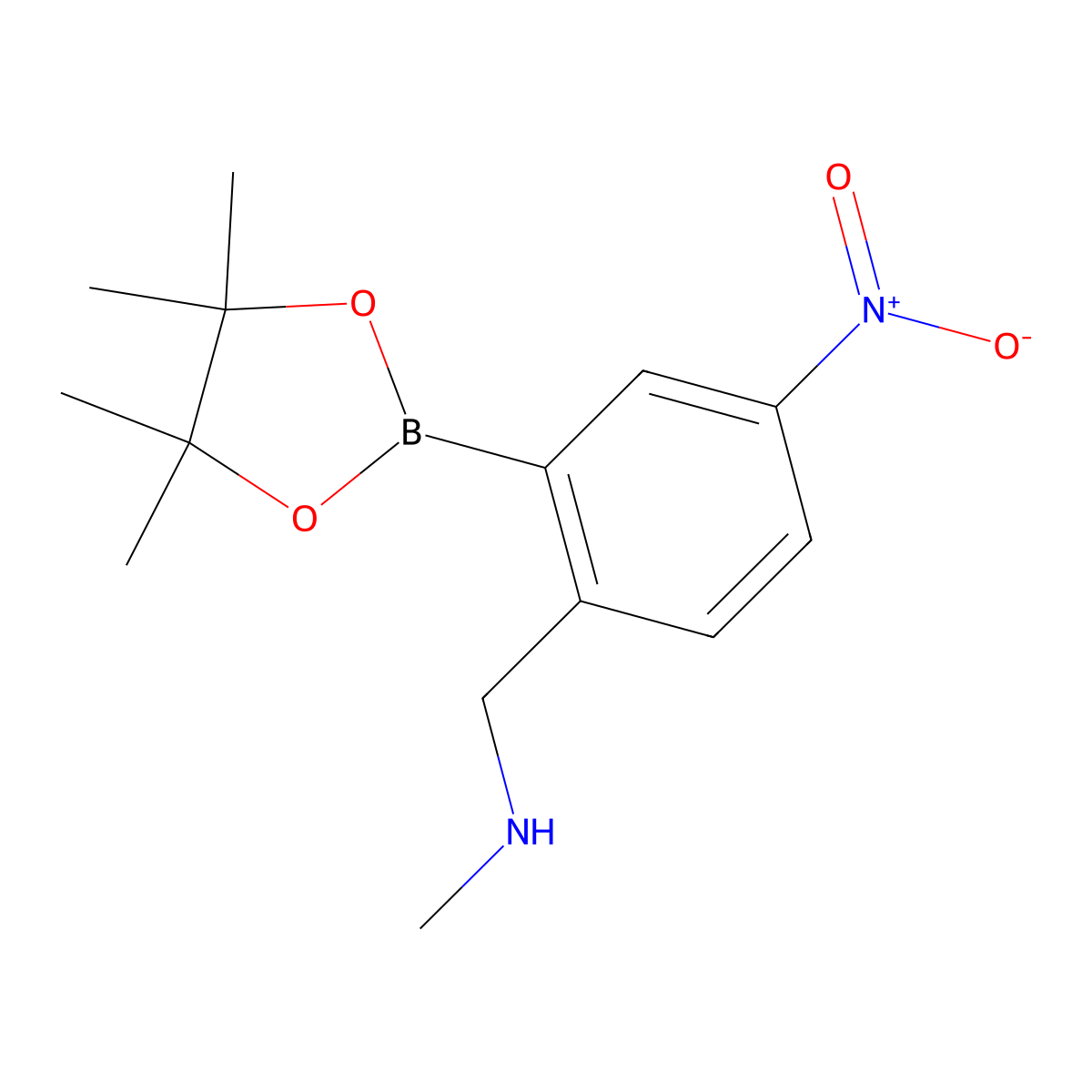 2-(N-Methylaminomethyl)-5-nitrophenylboronic acid, pinacol ester molecular structure, CAS 2096342-16-2