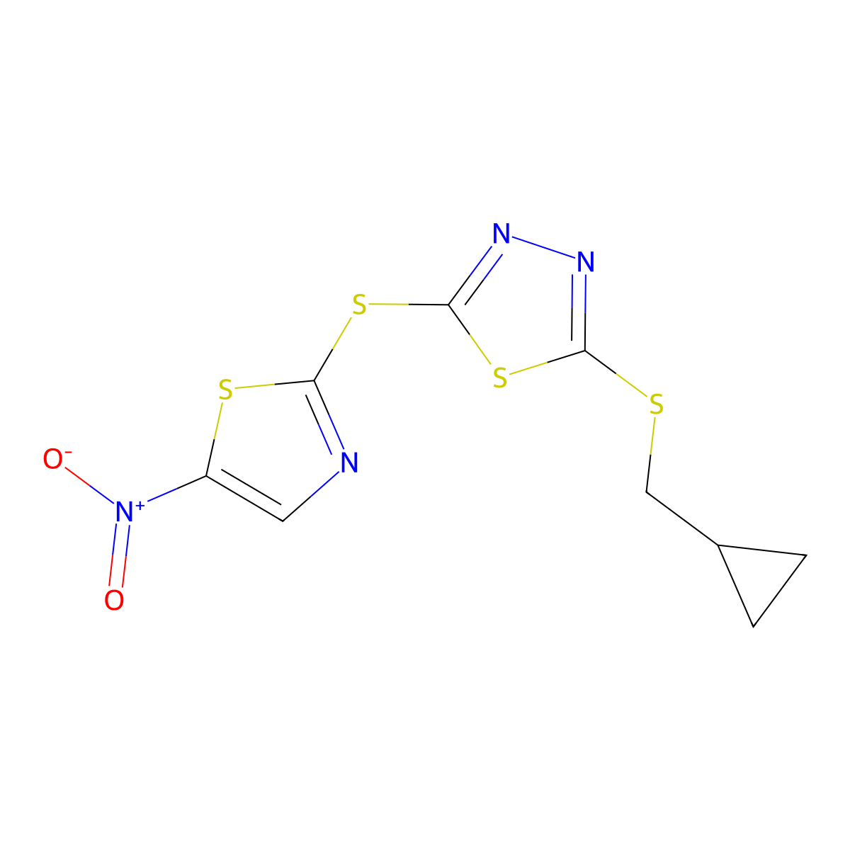 1,3,4-Thiadiazole, 2-[(cyclopropylmethyl)thio]-5-[(5-nitro-2-thiazolyl)thio]- molecular structure, CAS 209670-40-6