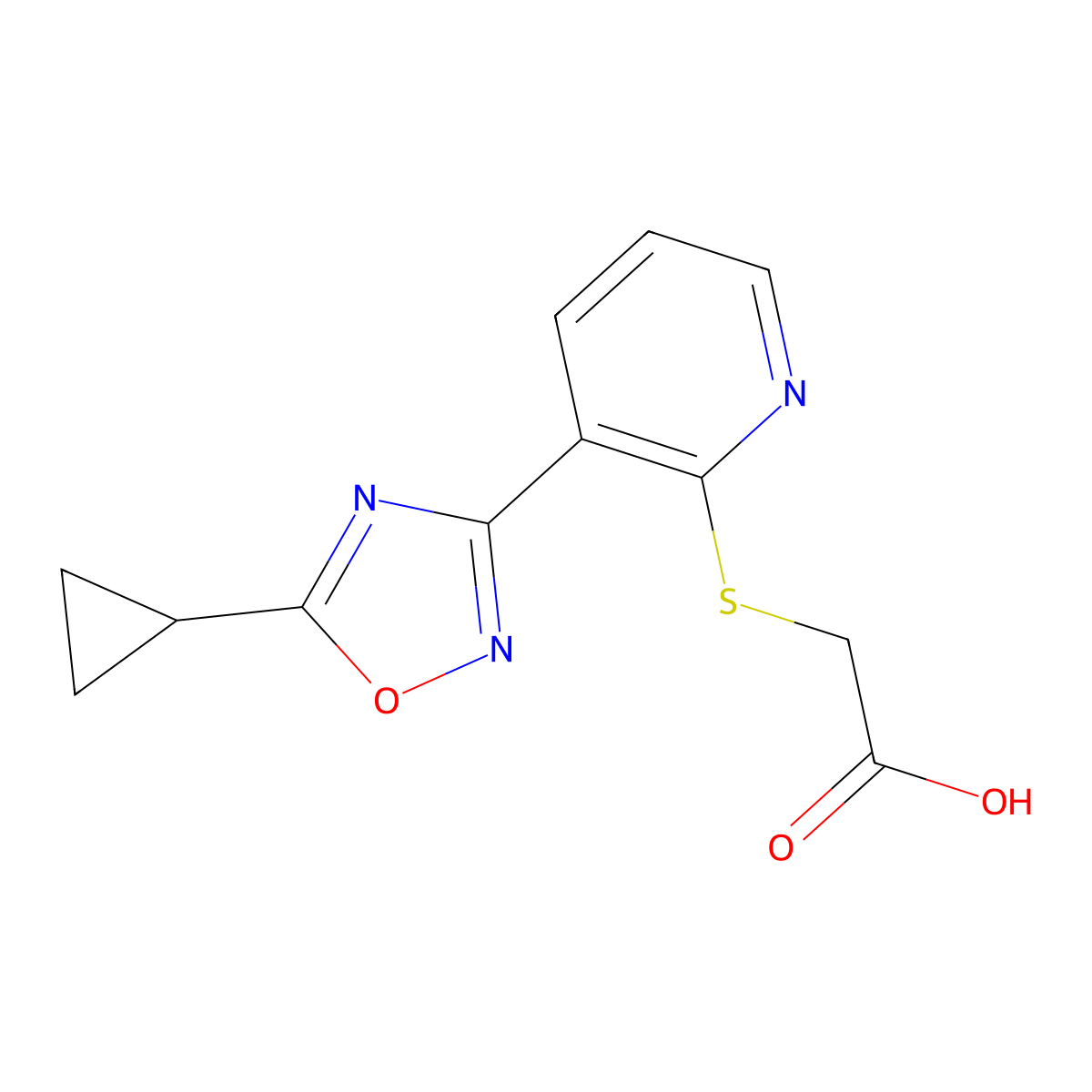 2-[3-(5-Cyclopropyl-1,2,4-oxadiazol-3-yl)pyridin-2-yl]sulfanylacetic acid molecular structure, CAS 2096986-57-9