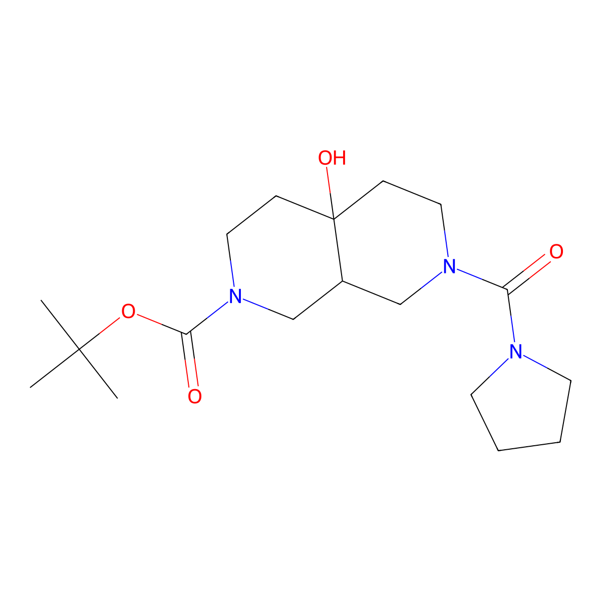 tert-Butyl 4a-hydroxy-7-(pyrrolidin-1-ylcarbonyl)octahydro-2,7-naphthyridine-2(1H)-carboxylate molecular structure, CAS 2096986-71-7