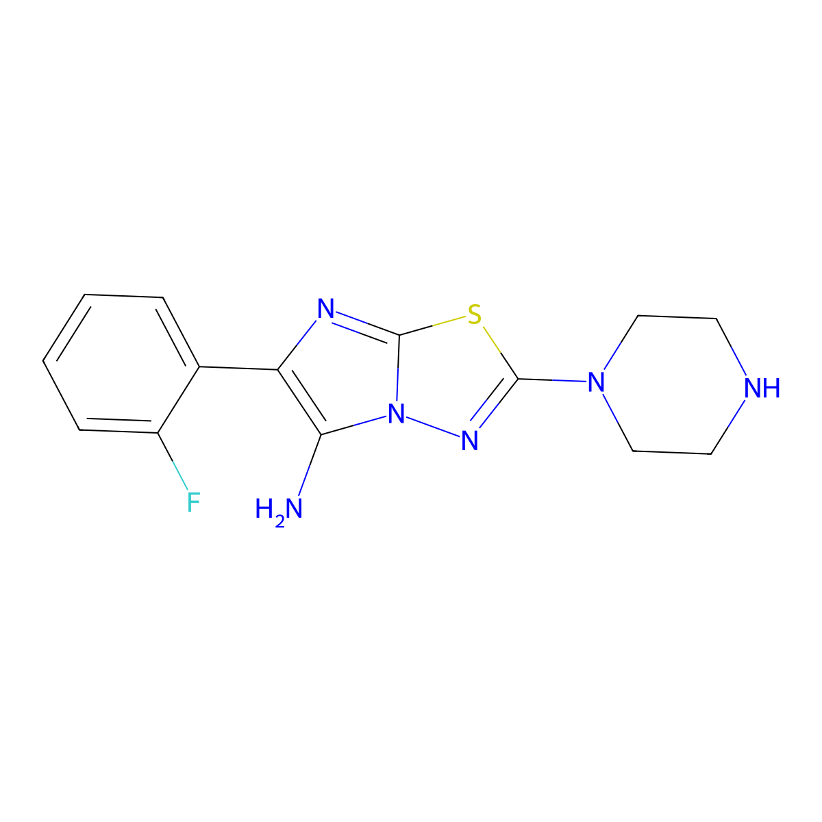 6-(2-Fluorophenyl)-2-(1-piperazinyl)imidazo[2,1-b][1,3,4]thiadiazol-5-amine molecular structure, CAS 2096986-97-7