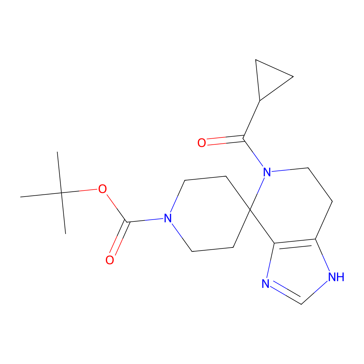 tert-butyl 5-(cyclopropylcarbonyl)-1,5,6,7-tetrahydro-1'H-spiro[imidazo[4,5-c]pyridine-4,4'-piperidine]-1'-carboxylate molecular structure, CAS 2096987-79-8
