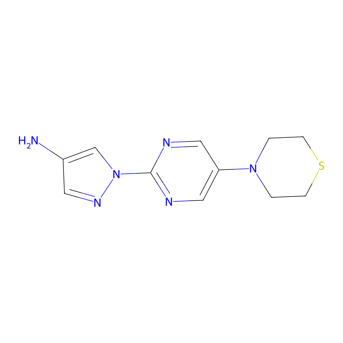 1-(5-Thiomorpholin-4-ylpyrimidin-2-yl)pyrazol-4-amine molecular structure, CAS 2096987-95-8