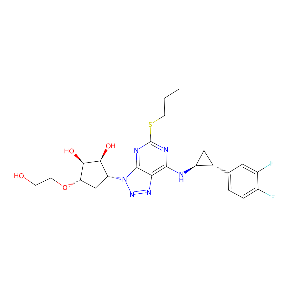 (1S,2S,3R,5S)-3-(7-(((1S,2R)-2-(3,4-Difluorophenyl)cyclopropyl)amino)-5-(propylthio)-3H-1,2,3-triazolo(4,5-d)pyrimidin-3-yl)-5-(2-hydroxyethoxy)-1,2-cyclopentanediol molecular structure, CAS 2096989-56-7