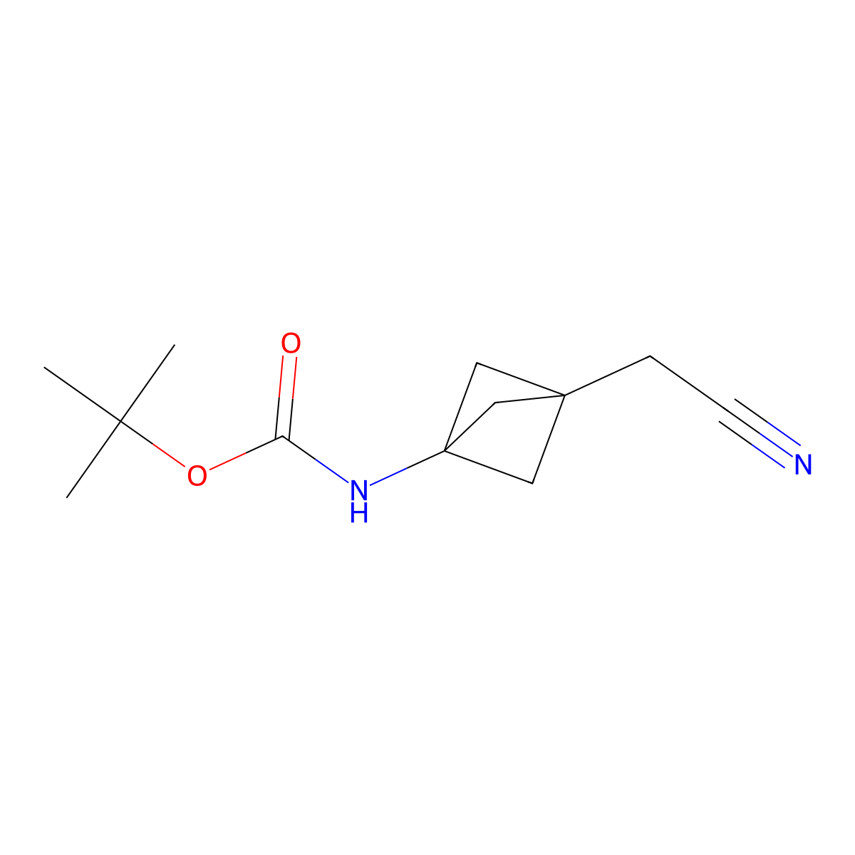 Tert-butyl (3-(cyanomethyl)bicyclo[1.1.1]pentan-1-yl)carbamate molecular structure, CAS 2096992-22-0