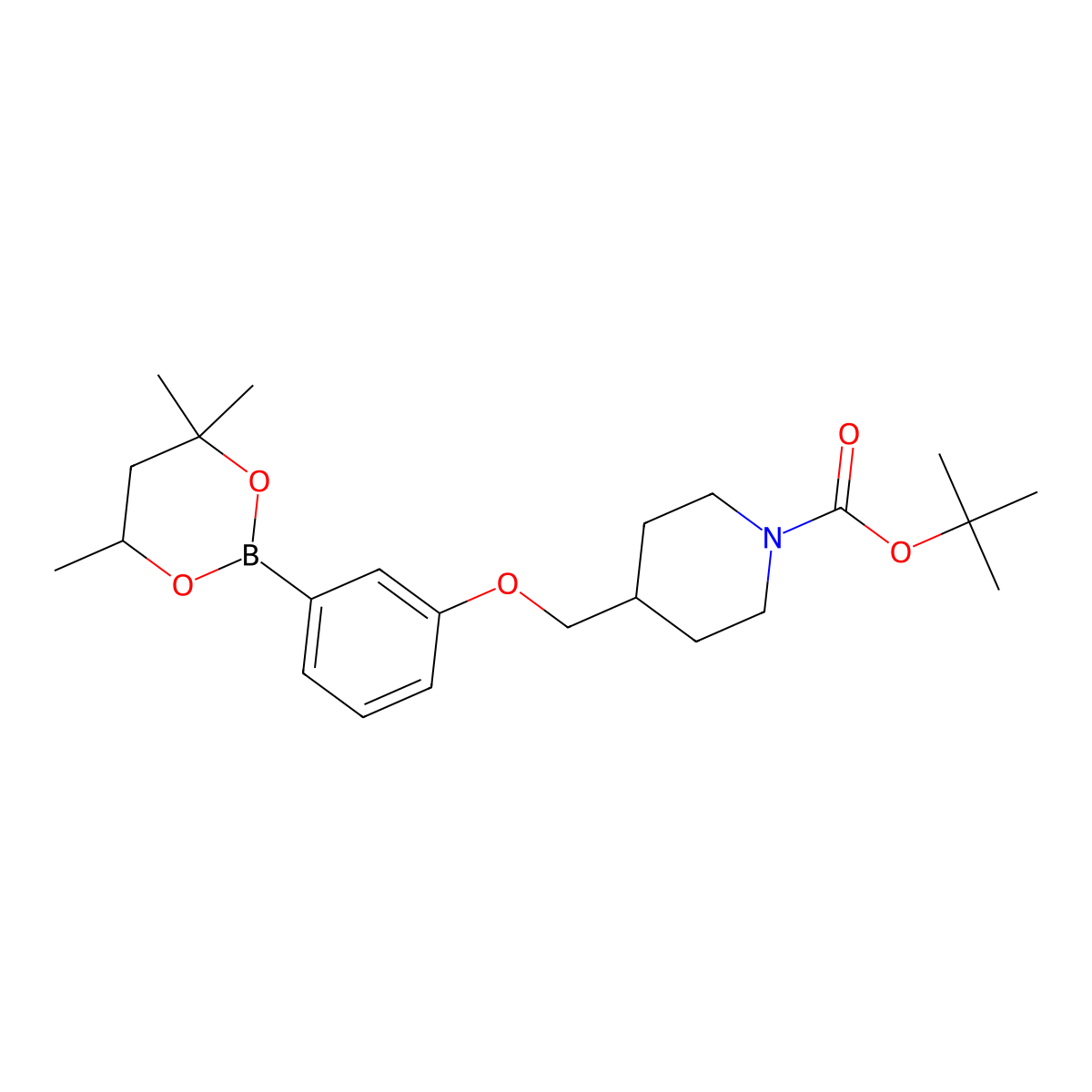 1-Piperidinecarboxylic acid, 4-[[3-(4,4,6-trimethyl-1,3,2-dioxaborinan-2-yl)phenoxy]methyl]-, 1,1-dimethylethyl ester molecular structure, CAS 2096996-91-5