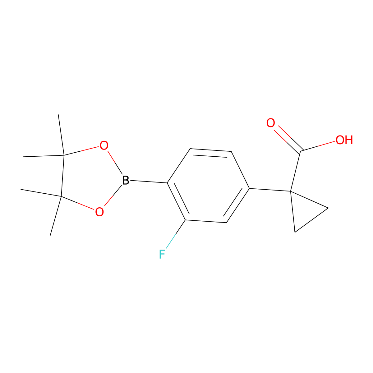 1-(3-Fluoro-4-(4,4,5,5-tetramethyl-1,3,2-dioxaborolan-2-yl)phenyl)cyclopropanecarboxylic acid molecular structure, CAS 2096998-21-7