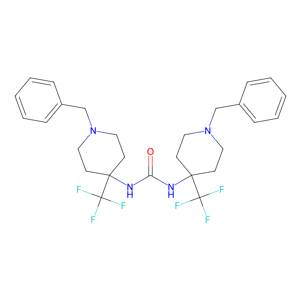 1,3-Bis-(1-benzyl-4-trifluoromethyl-piperidin-4-yl)-urea molecular structure, CAS 2097068-72-7