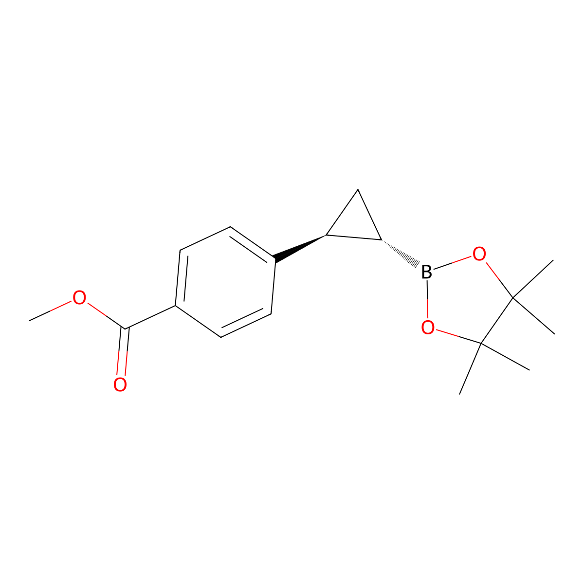 rel-methyl 4-((1R,2R)-2-(4,4,5,5-tetramethyl-1,3,2-dioxaborolan-2-yl)cyclopropyl)benzoate molecular structure, CAS 2097275-31-3