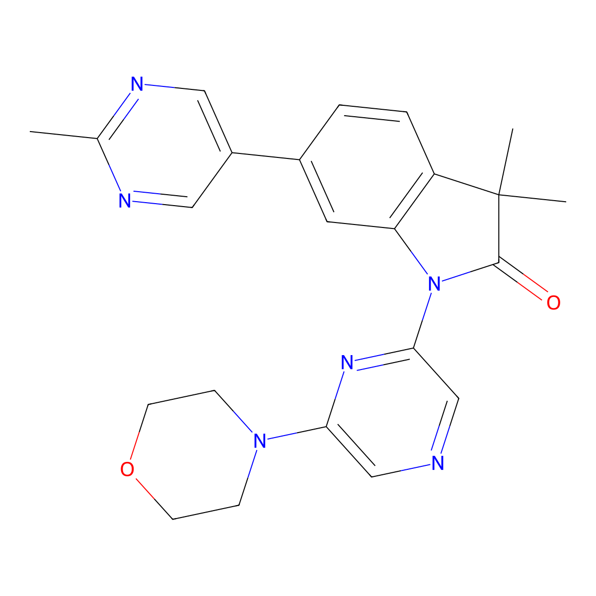 3,3-Dimethyl-6-(2-methylpyrimidin-5-YL)-1-(6-morpholinopyrazin-2-YL)indolin-2-one molecular structure, CAS 2097508-32-0