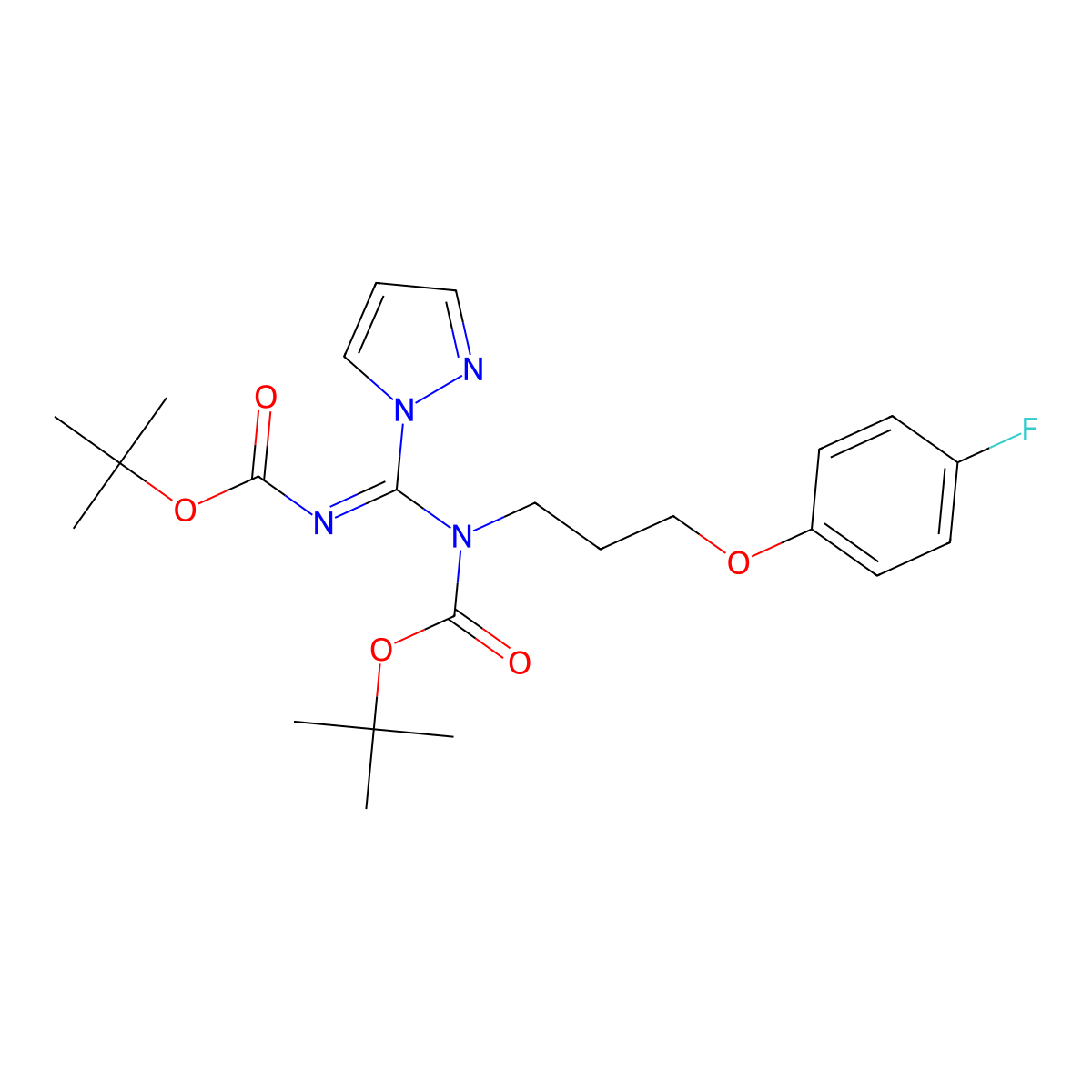 Tert-butyl (((tert-butoxycarbonyl)imino)(1H-pyrazol-1-YL)methyl)(3-(4-fluorophenoxy)propyl)carbamate molecular structure, CAS 2097657-57-1