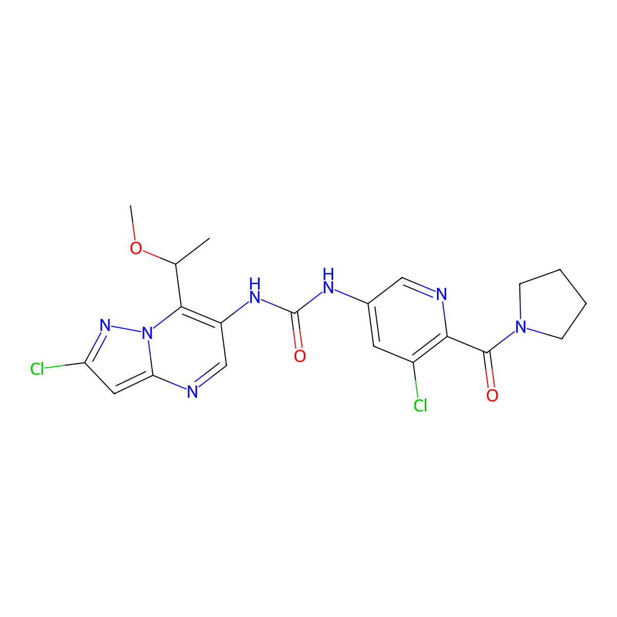 1-[2-chloro-7-[(1S)-1-methoxyethyl]pyrazolo[1,5-a]pyrimidin-6-yl]-3-[5-chloro-6-(pyrrolidine-1-carbonyl)-3-pyridinyl]urea molecular structure, CAS 2097853-86-4
