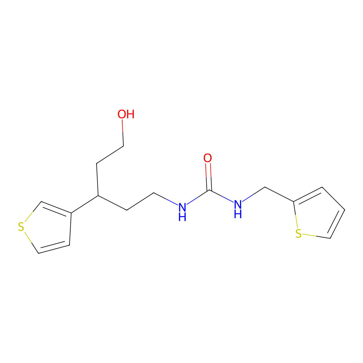 3-[5-Hydroxy-3-(thiophen-3-yl)pentyl]-1-[(thiophen-2-yl)methyl]urea molecular structure, CAS 2097856-98-7