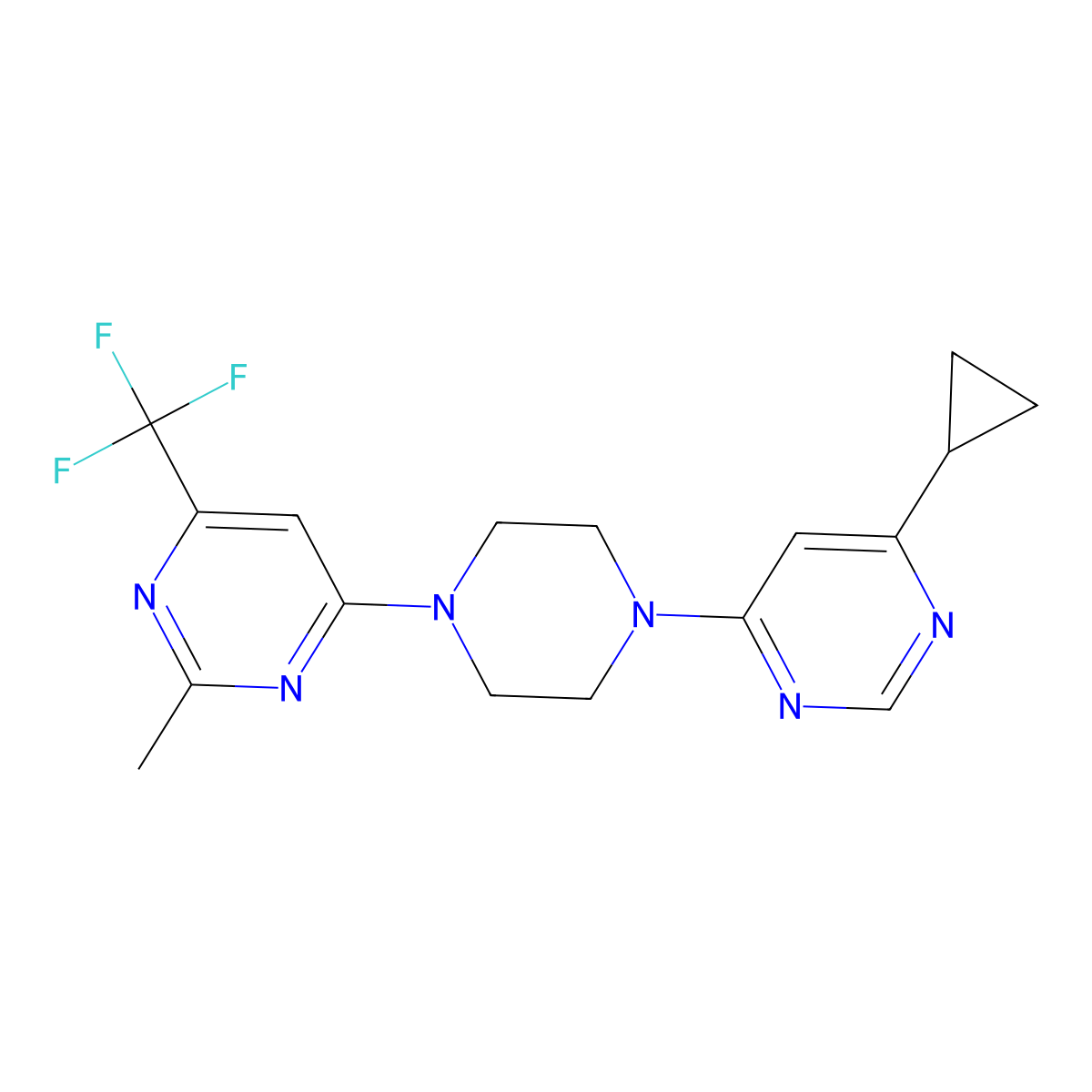 4-[4-(6-Cyclopropylpyrimidin-4-yl)piperazin-1-yl]-2-methyl-6-(trifluoromethyl)pyrimidine molecular structure, CAS 2097857-09-3