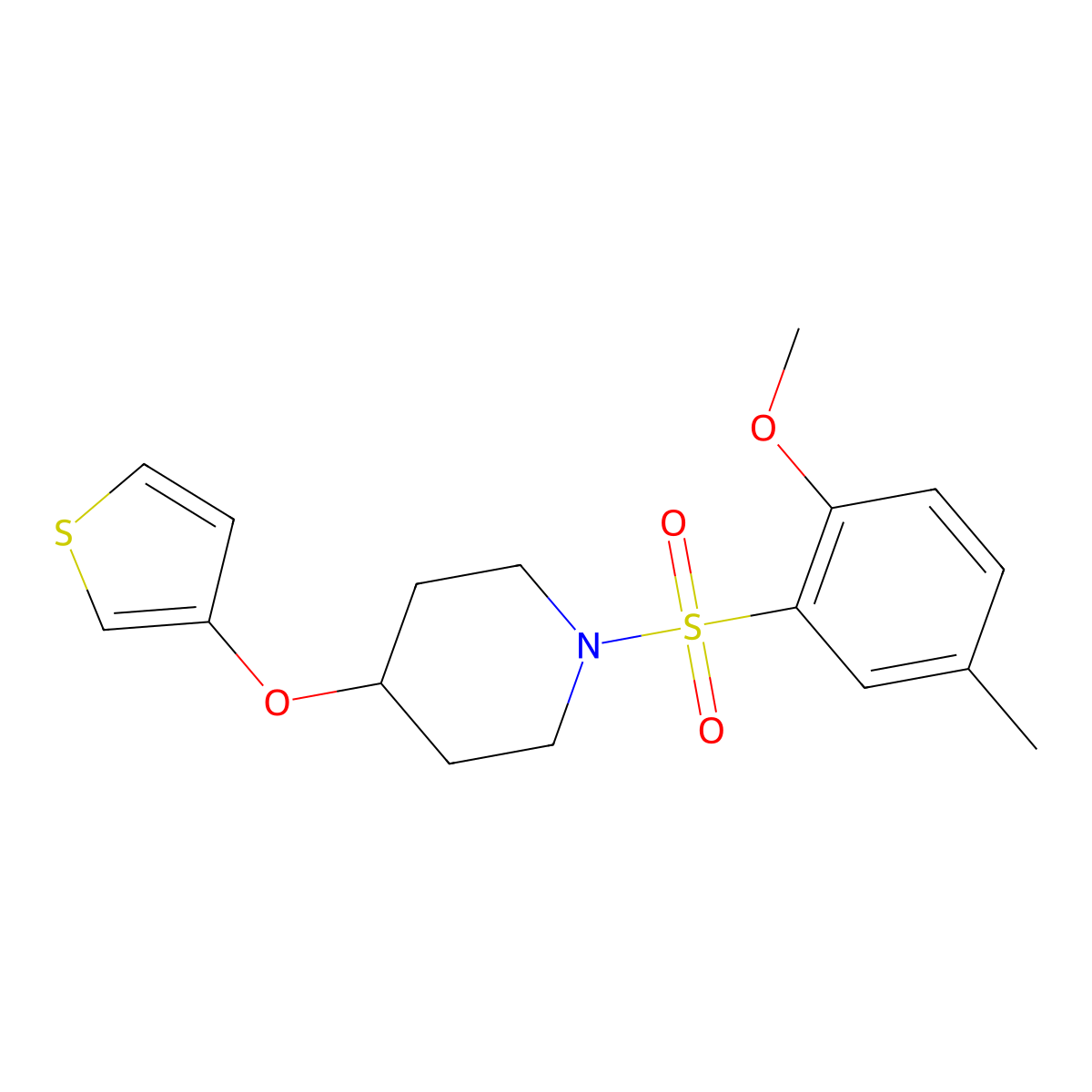 1-(2-Methoxy-5-methylbenzenesulfonyl)-4-(thiophen-3-yloxy)piperidine molecular structure, CAS 2097857-11-7