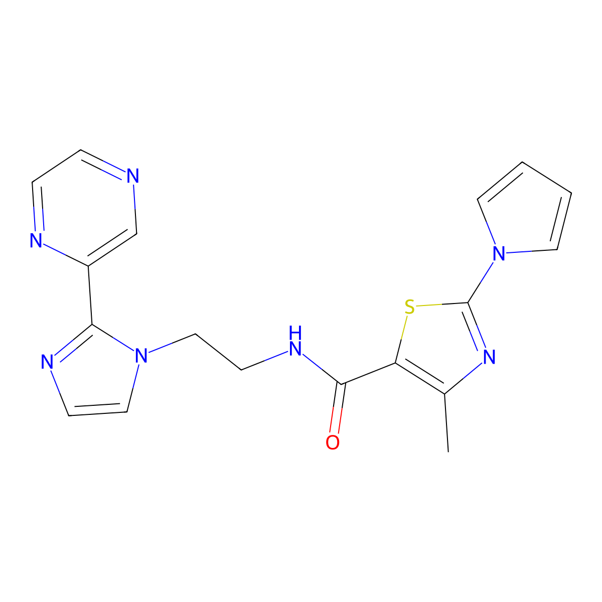 4-methyl-N-{2-[2-(pyrazin-2-yl)-1H-imidazol-1-yl]ethyl}-2-(1H-pyrrol-1-yl)-1,3-thiazole-5-carboxamide molecular structure, CAS 2097857-18-4