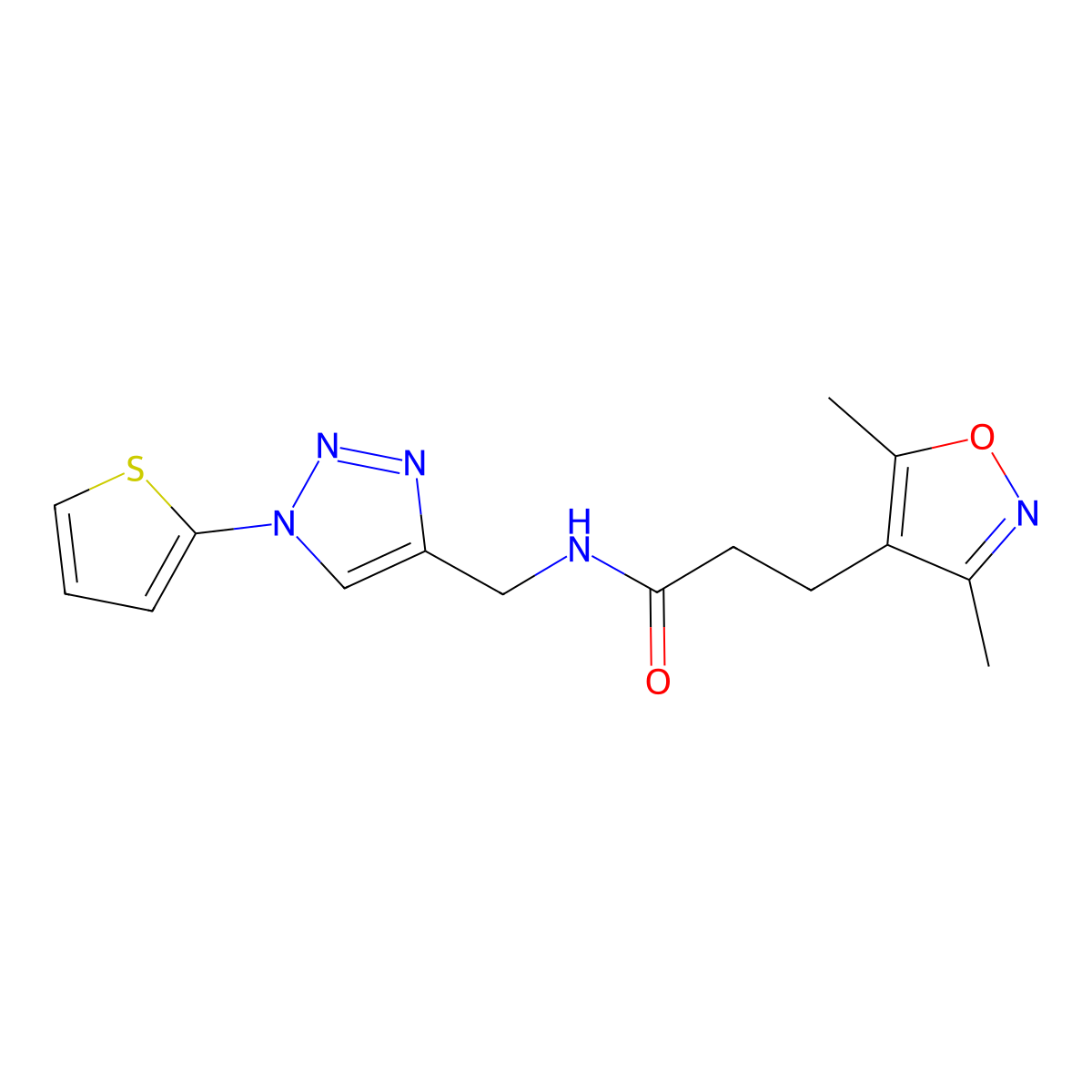 3-(3,5-dimethyl-1,2-oxazol-4-yl)-N-{[1-(thiophen-2-yl)-1H-1,2,3-triazol-4-yl]methyl}propanamide molecular structure, CAS 2097857-21-9
