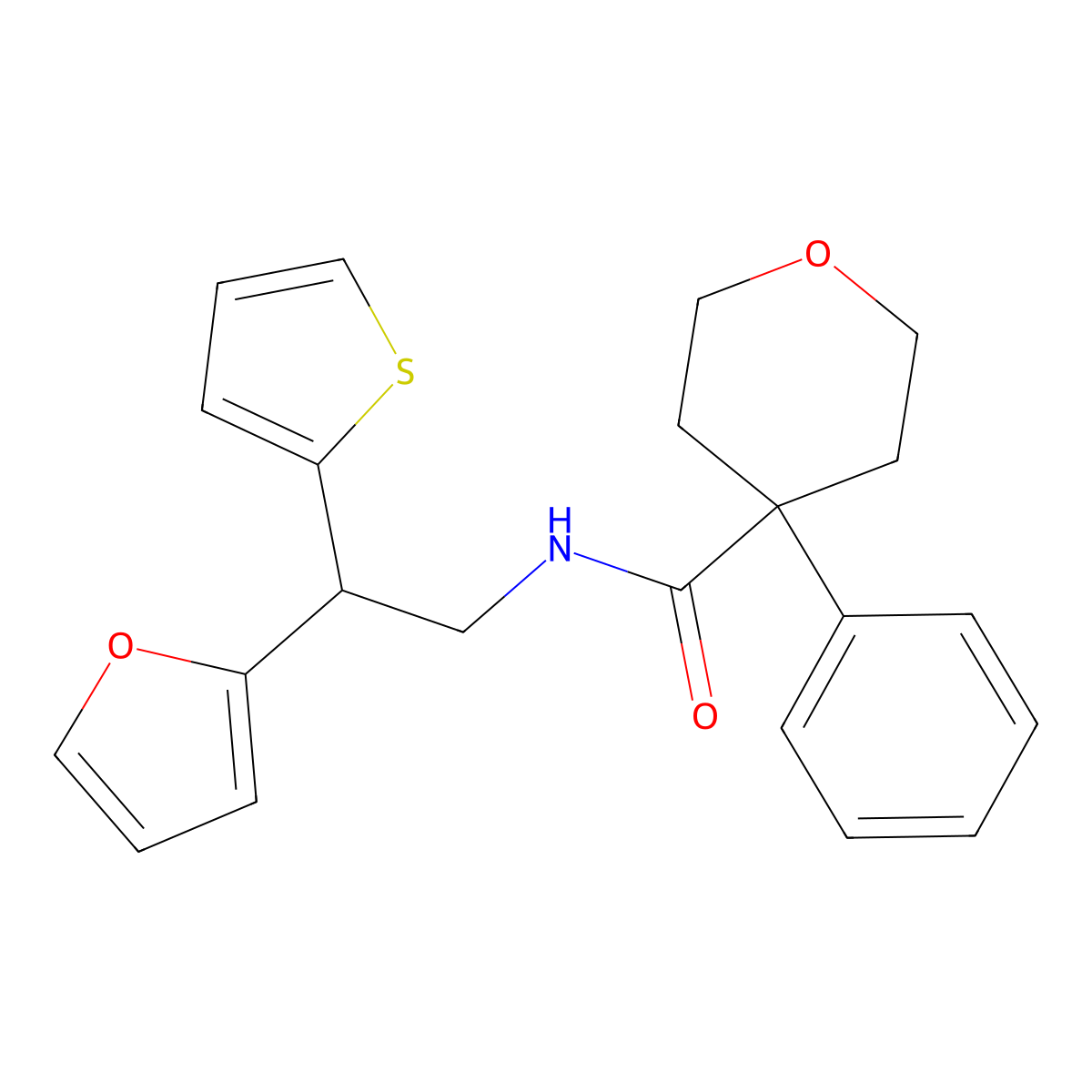 N-[2-(furan-2-yl)-2-(thiophen-2-yl)ethyl]-4-phenyloxane-4-carboxamide molecular structure, CAS 2097857-31-1