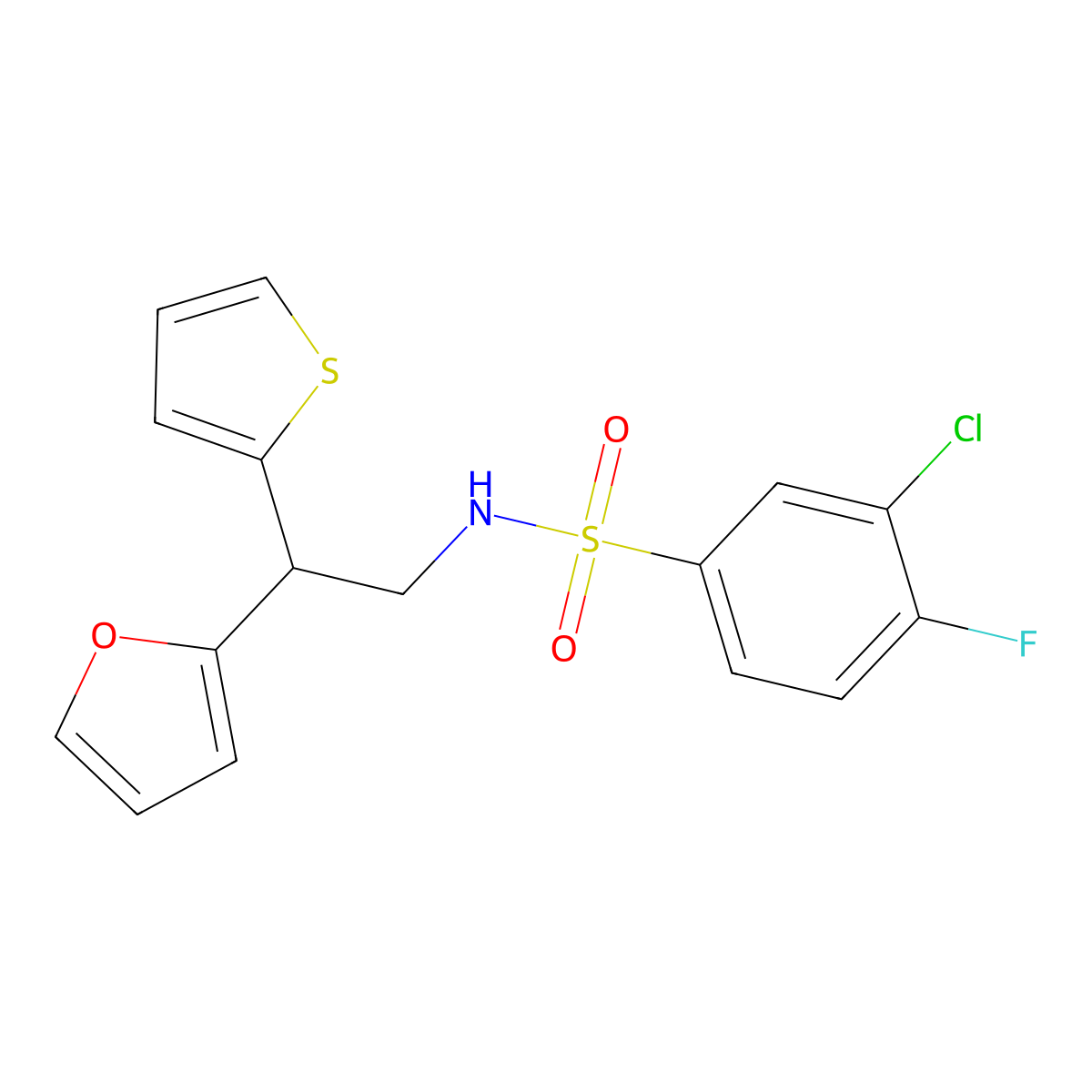 3-chloro-4-fluoro-N-[2-(furan-2-yl)-2-(thiophen-2-yl)ethyl]benzene-1-sulfonamide molecular structure, CAS 2097857-38-8