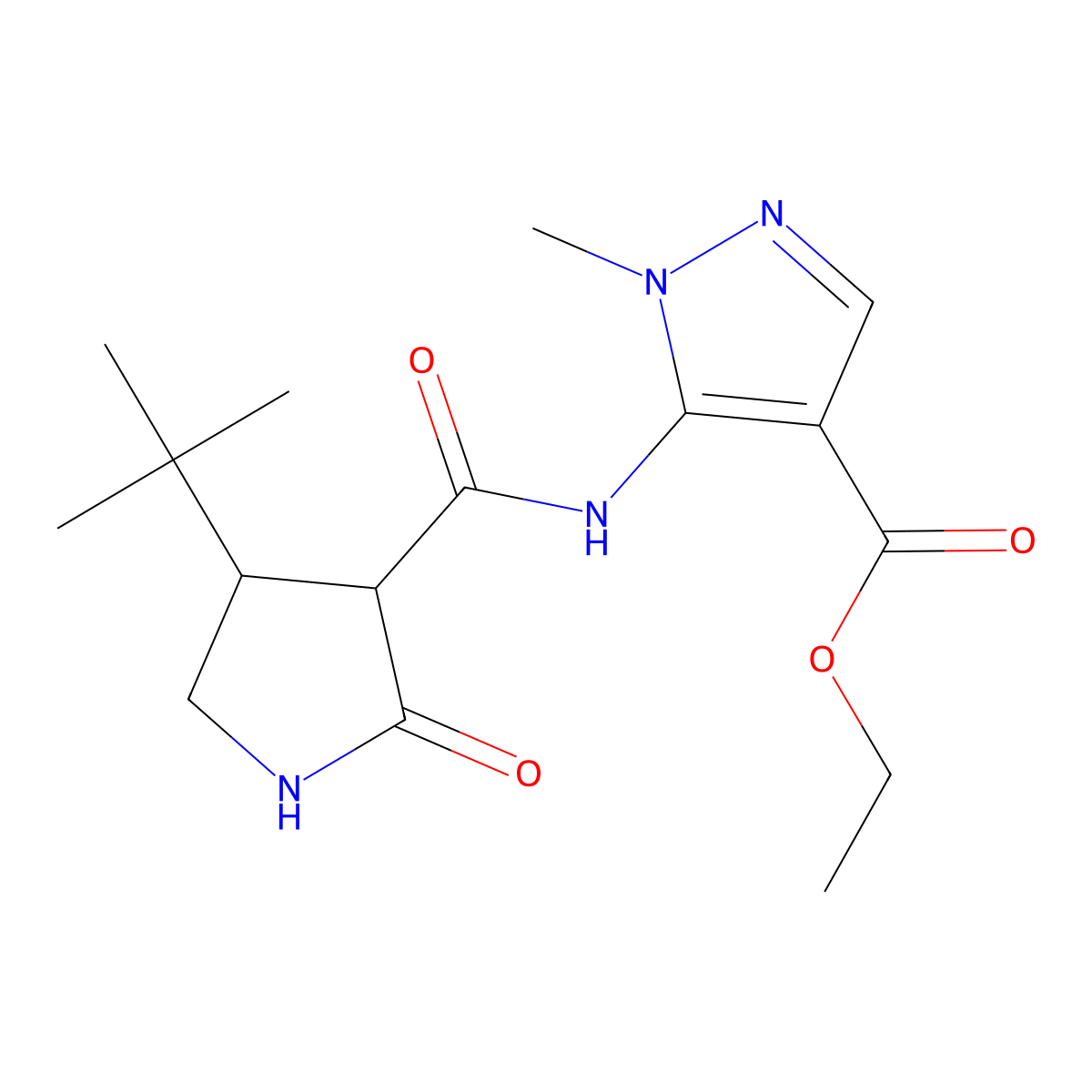 ethyl 5-(4-tert-butyl-2-oxopyrrolidine-3-amido)-1-methyl-1H-pyrazole-4-carboxylate molecular structure, CAS 2097857-45-7