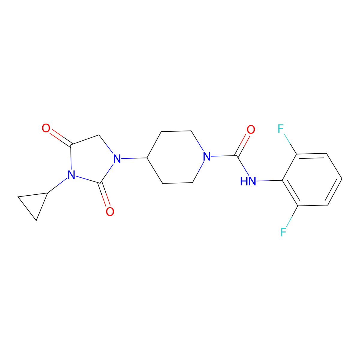 4-(3-cyclopropyl-2,4-dioxoimidazolidin-1-yl)-N-(2,6-difluorophenyl)piperidine-1-carboxamide molecular structure, CAS 2097857-47-9