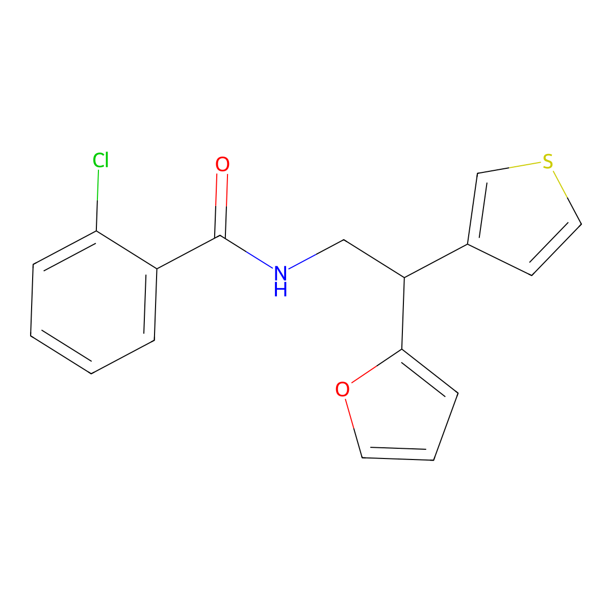 2-chloro-N-[2-(furan-2-yl)-2-(thiophen-3-yl)ethyl]benzamide molecular structure, CAS 2097857-49-1