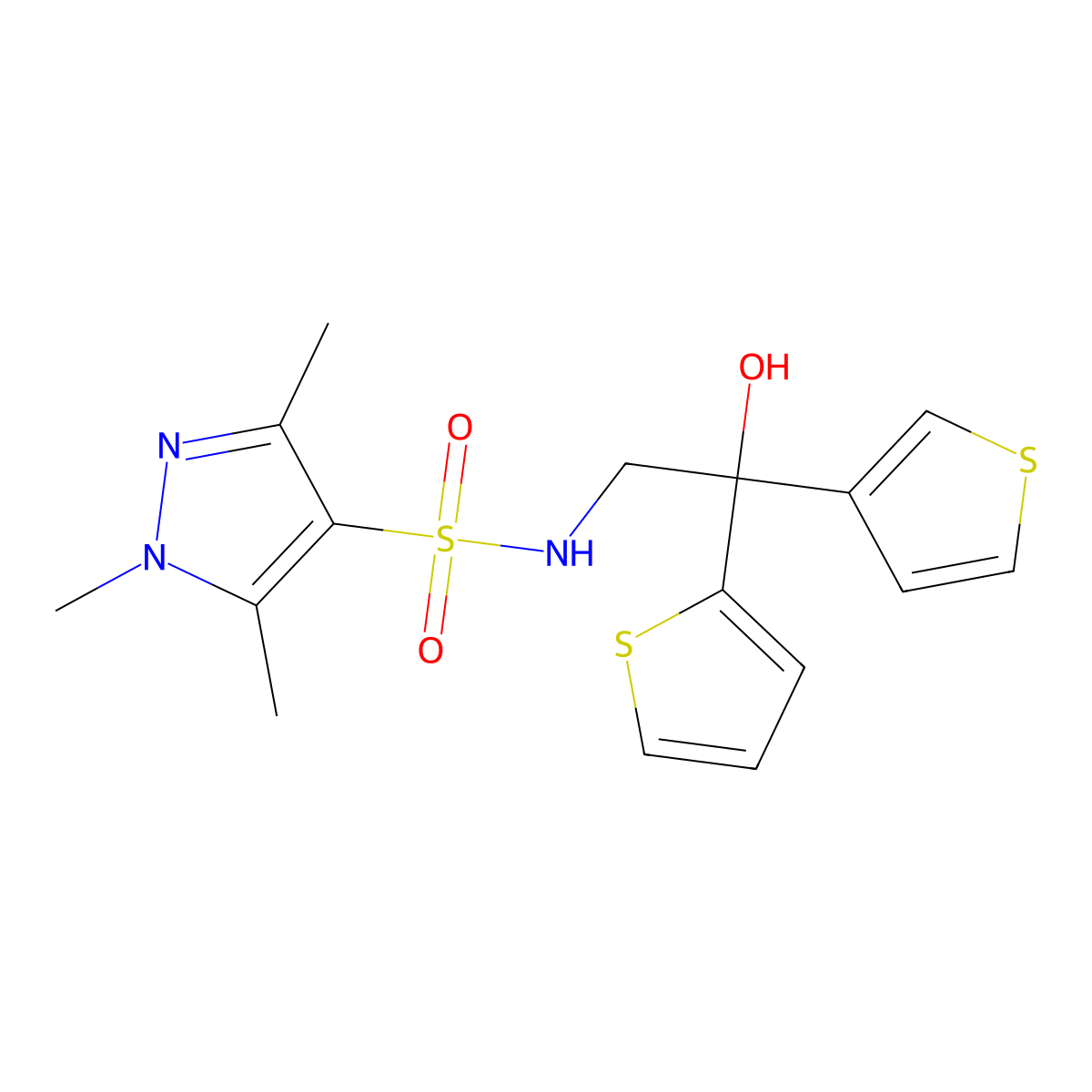 N-[2-hydroxy-2-(thiophen-2-yl)-2-(thiophen-3-yl)ethyl]-1,3,5-trimethyl-1H-pyrazole-4-sulfonamide molecular structure, CAS 2097857-58-2