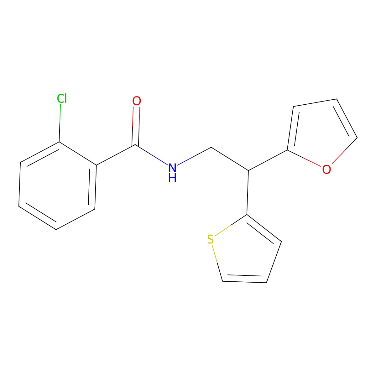 2-chloro-N-[2-(furan-2-yl)-2-(thiophen-2-yl)ethyl]benzamide molecular structure, CAS 2097857-59-3