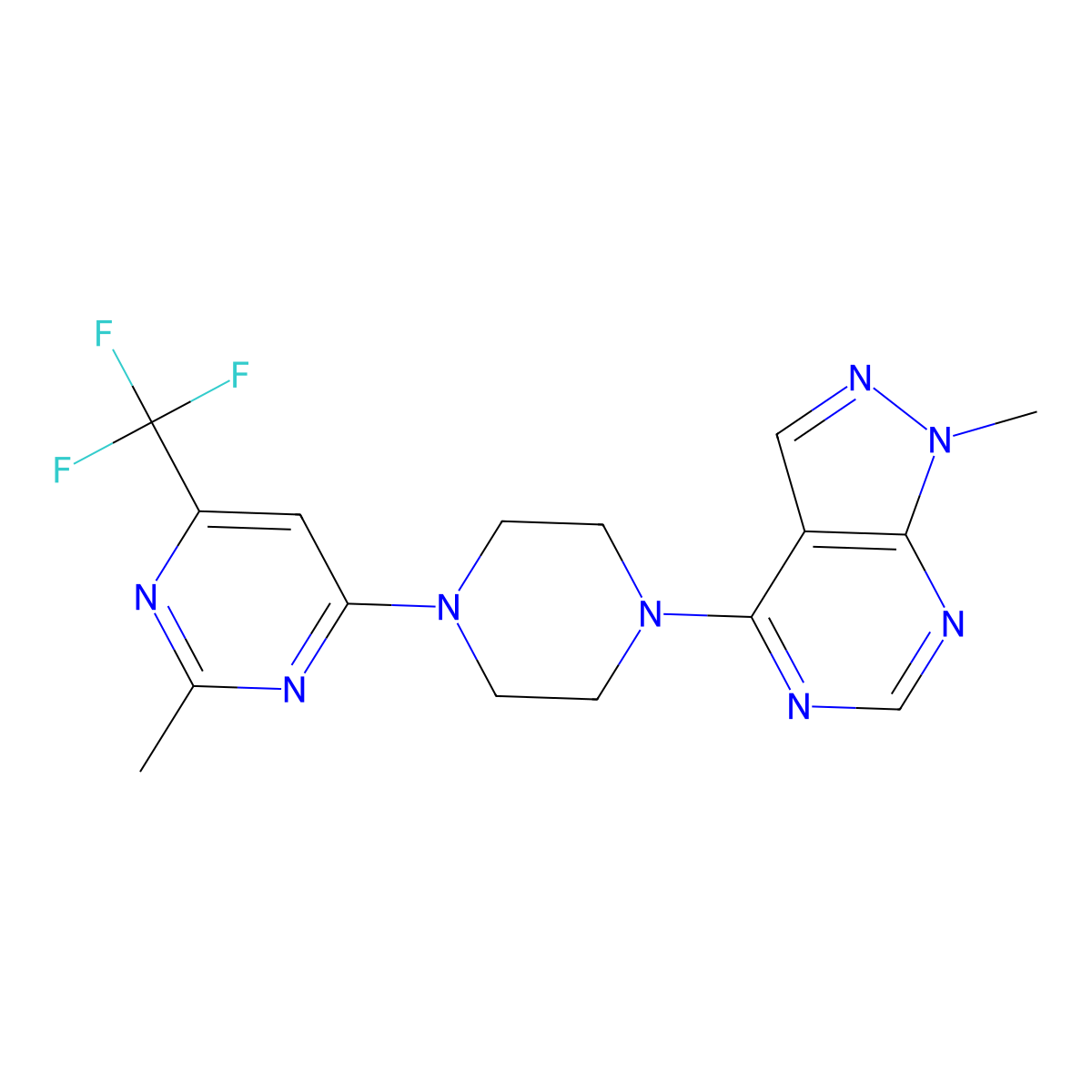 2-methyl-4-(4-{1-methyl-1H-pyrazolo[3,4-d]pyrimidin-4-yl}piperazin-1-yl)-6-(trifluoromethyl)pyrimidine molecular structure, CAS 2097857-87-7