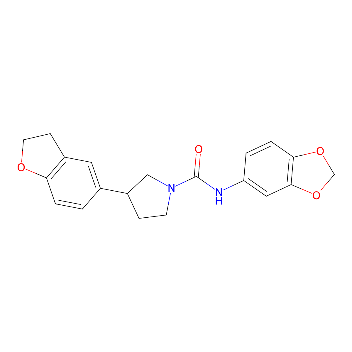 N-(2H-1,3-benzodioxol-5-yl)-3-(2,3-dihydro-1-benzofuran-5-yl)pyrrolidine-1-carboxamide molecular structure, CAS 2097857-90-2