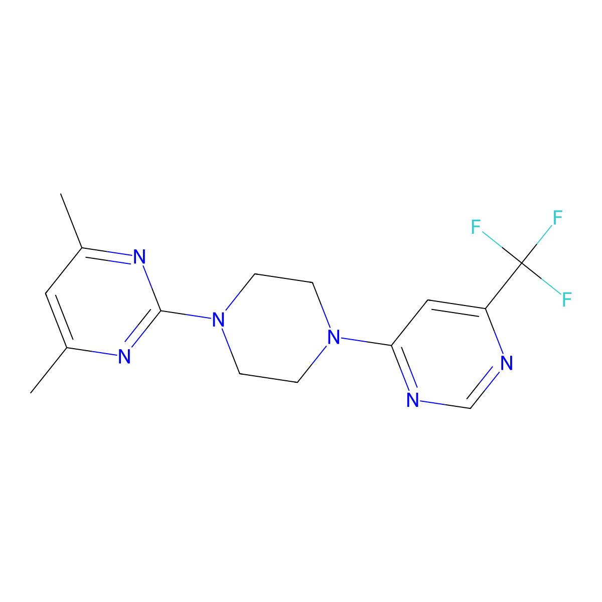 4,6-Dimethyl-2-{4-[6-(trifluoromethyl)pyrimidin-4-yl]piperazin-1-yl}pyrimidine molecular structure, CAS 2097858-13-2