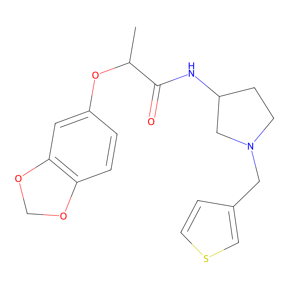 2-(2H-1,3-benzodioxol-5-yloxy)-N-{1-[(thiophen-3-yl)methyl]pyrrolidin-3-yl}propanamide molecular structure, CAS 2097858-14-3